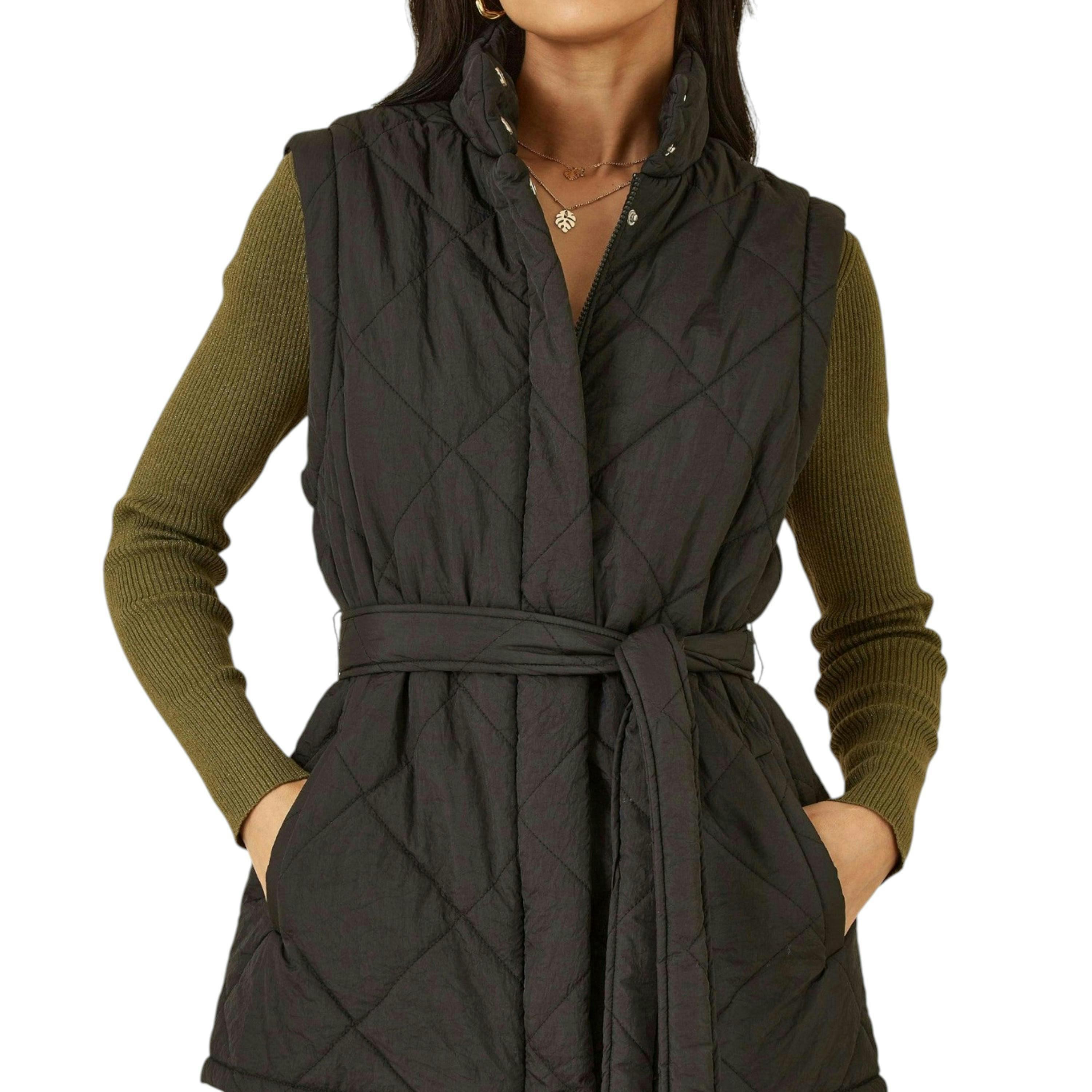Yumi Black High Neck Quilted Gilet With Belt , view 1 of 4