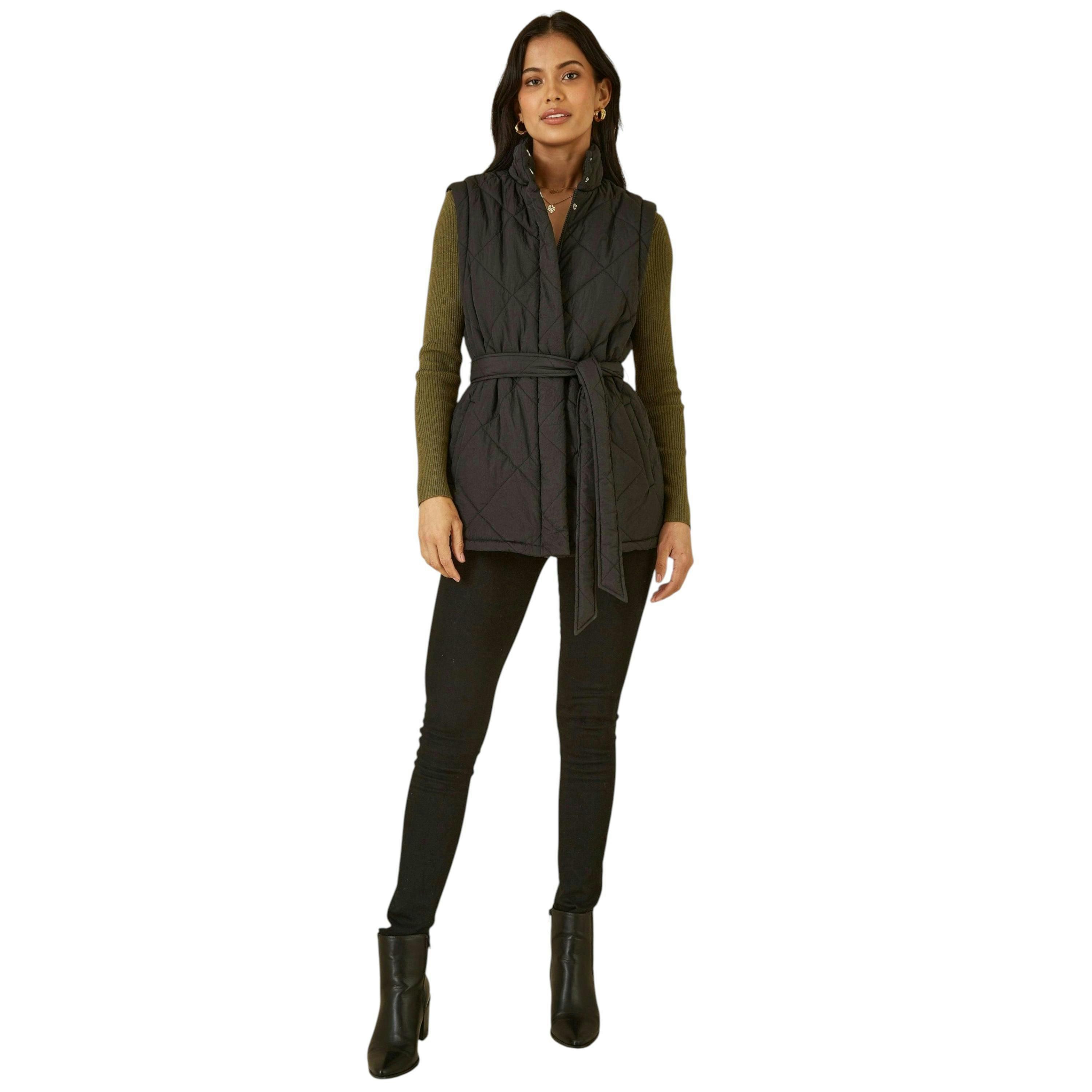 Yumi Black High Neck Quilted Gilet With Belt , view 2 of 4