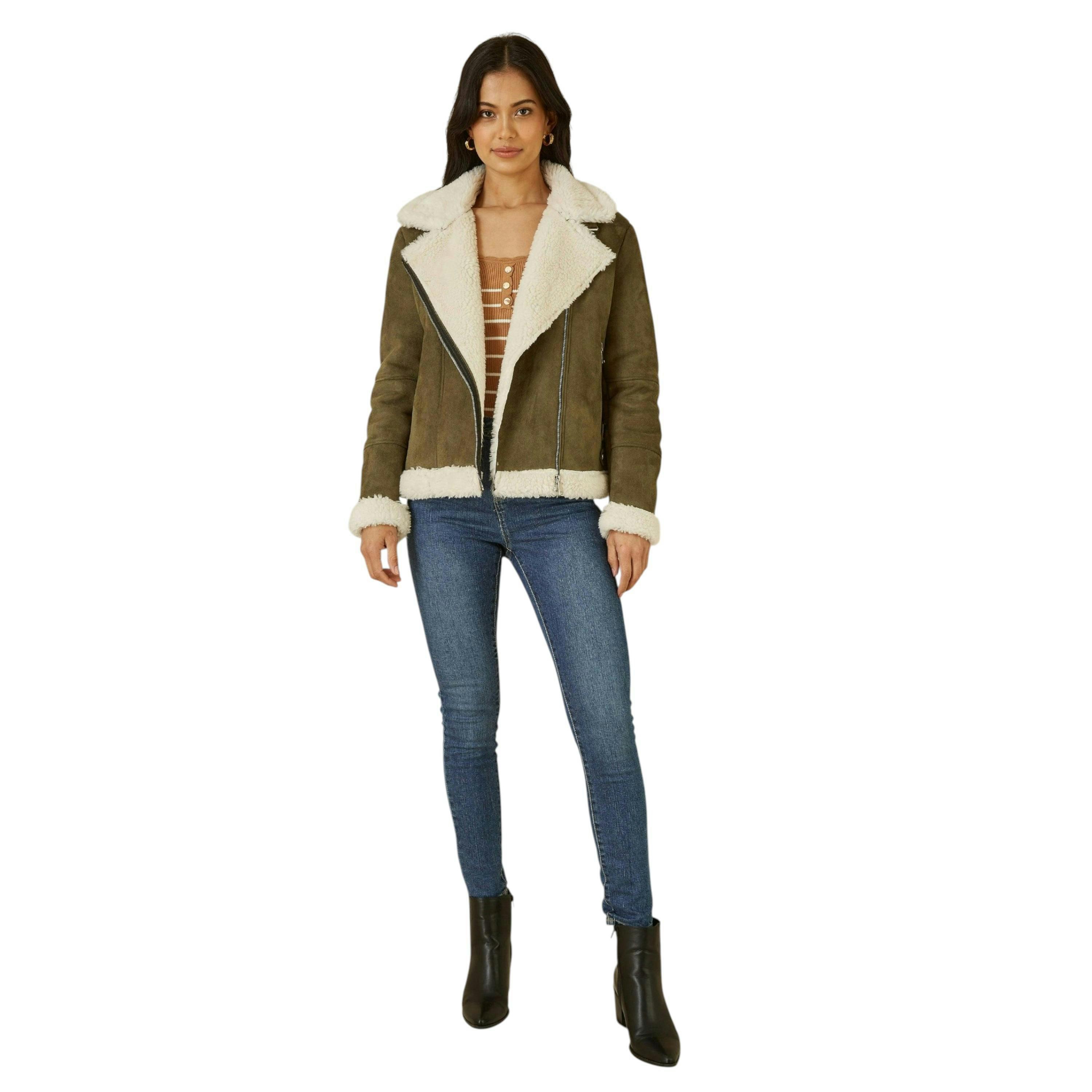 Yumi Green Faux Suede And Shearling Biker Jacket , view 2 of 5