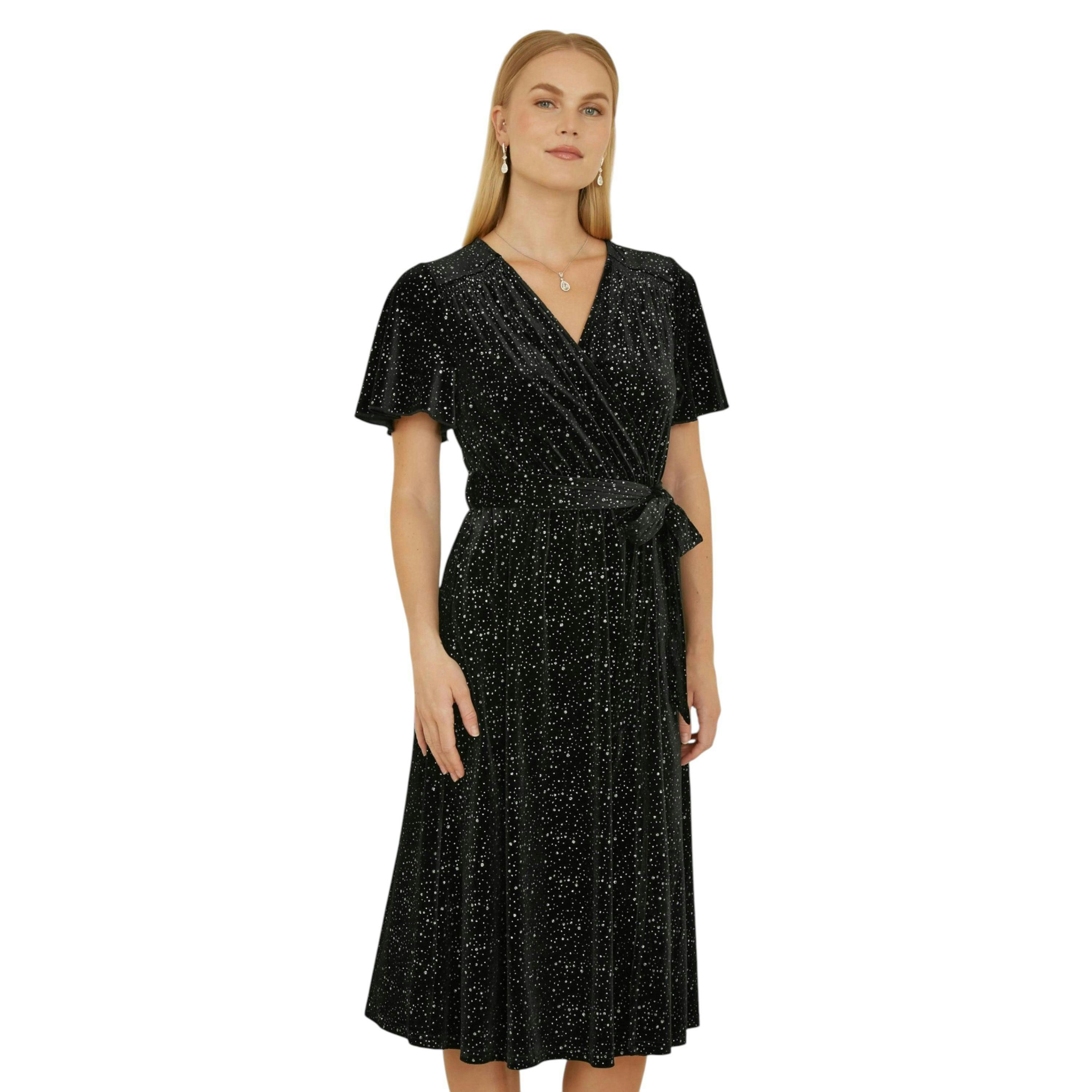 Yumi Black Velvet Sparkle Wrap Midi Dress , view 1 of 4