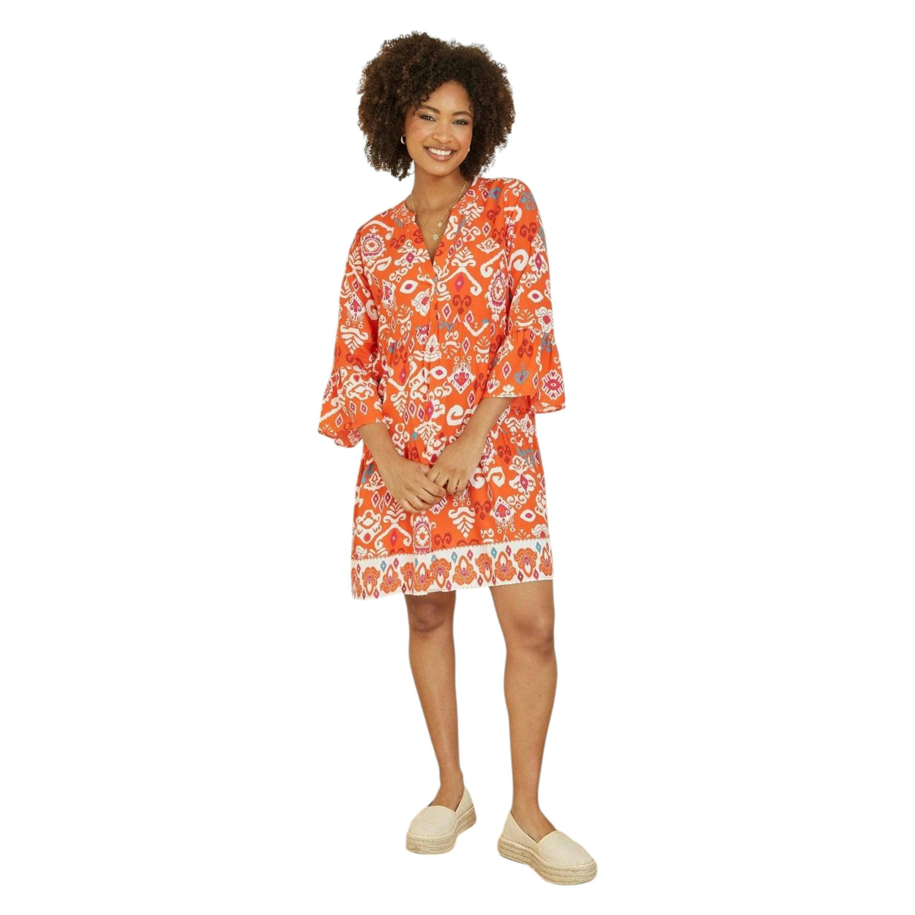 Yumi Orange Ikat Print 3/4 Sleeve Tunic Dress , view 2 of 5