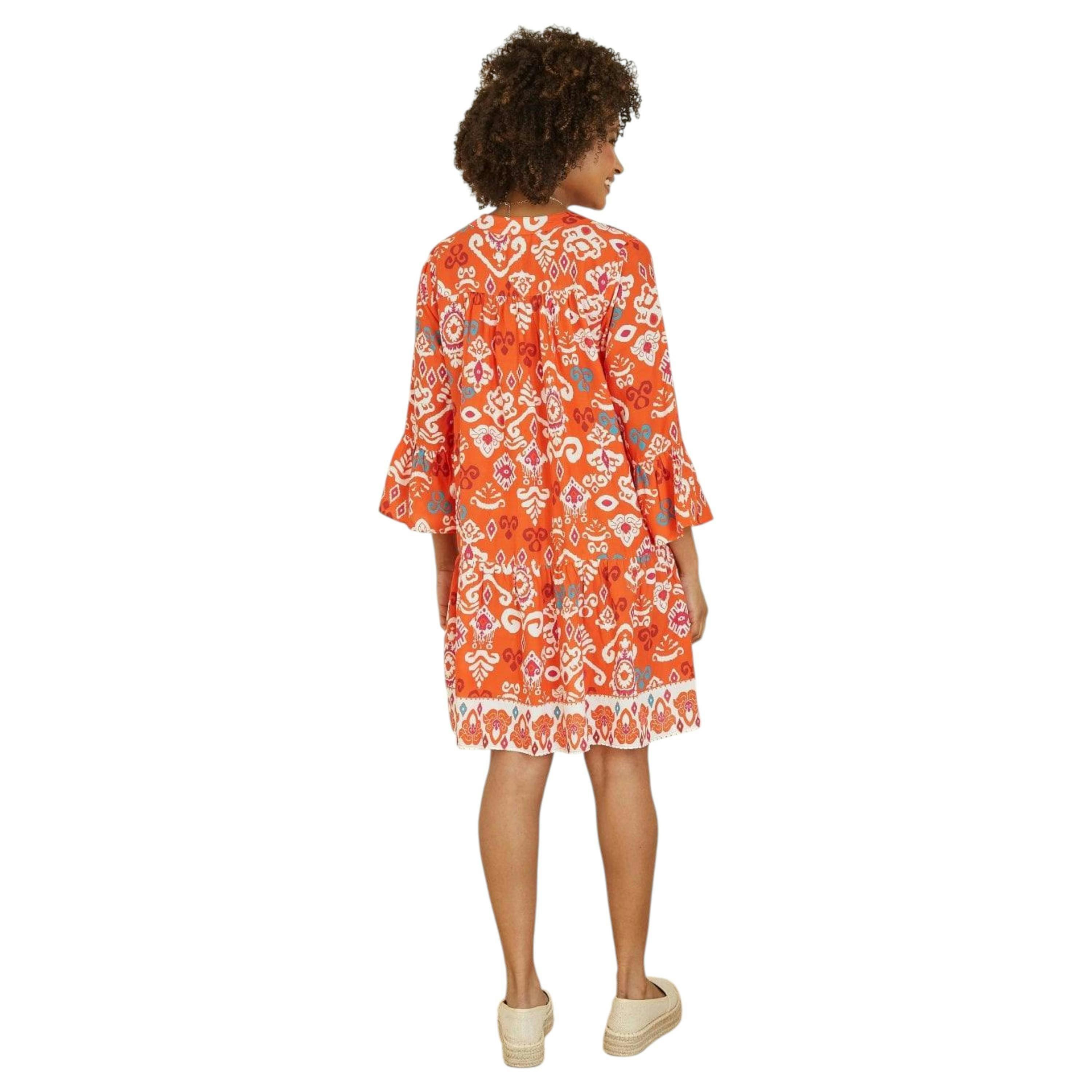 Yumi Orange Ikat Print 3/4 Sleeve Tunic Dress , view 3 of 5