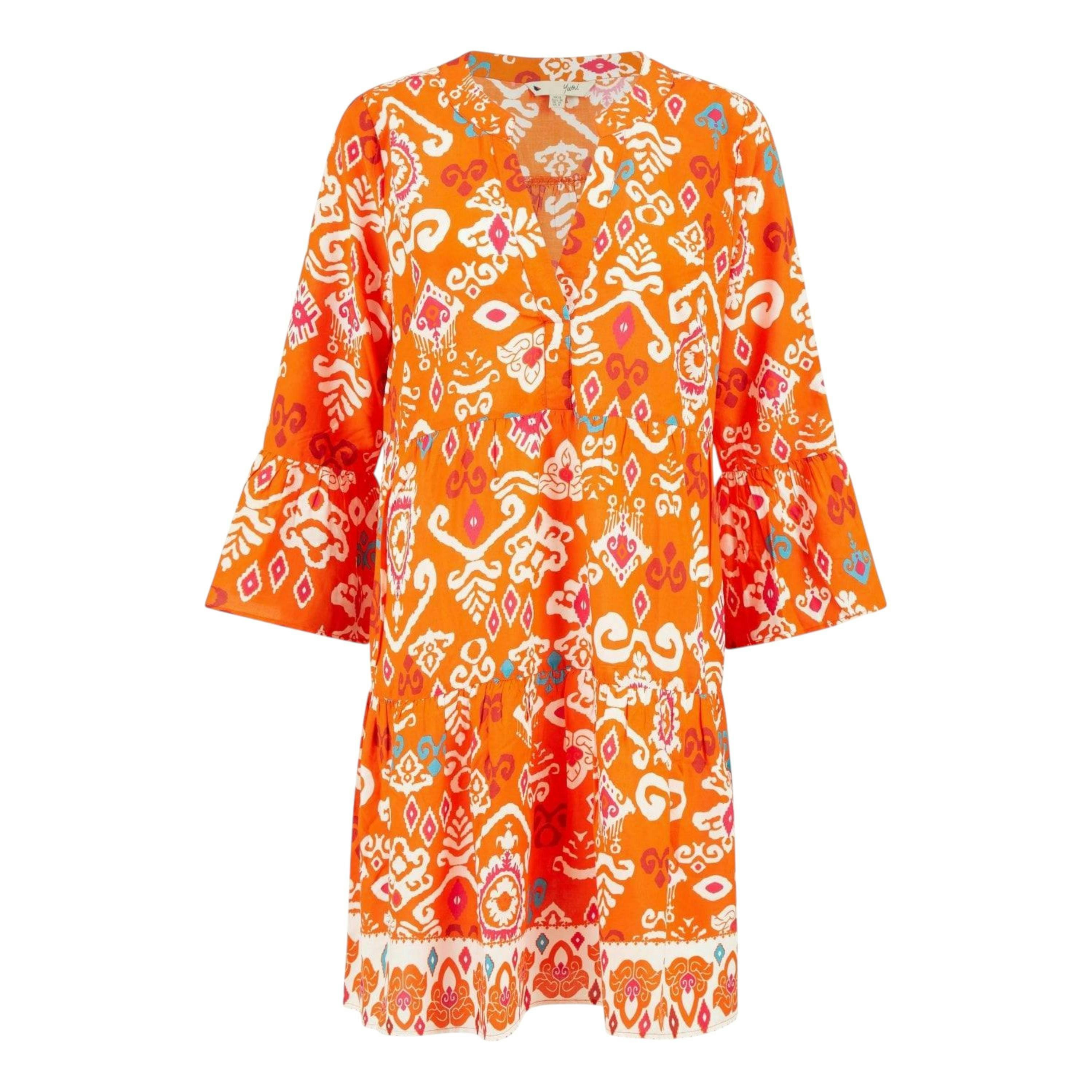 Yumi Orange Ikat Print 3/4 Sleeve Tunic Dress , view 5 of 5