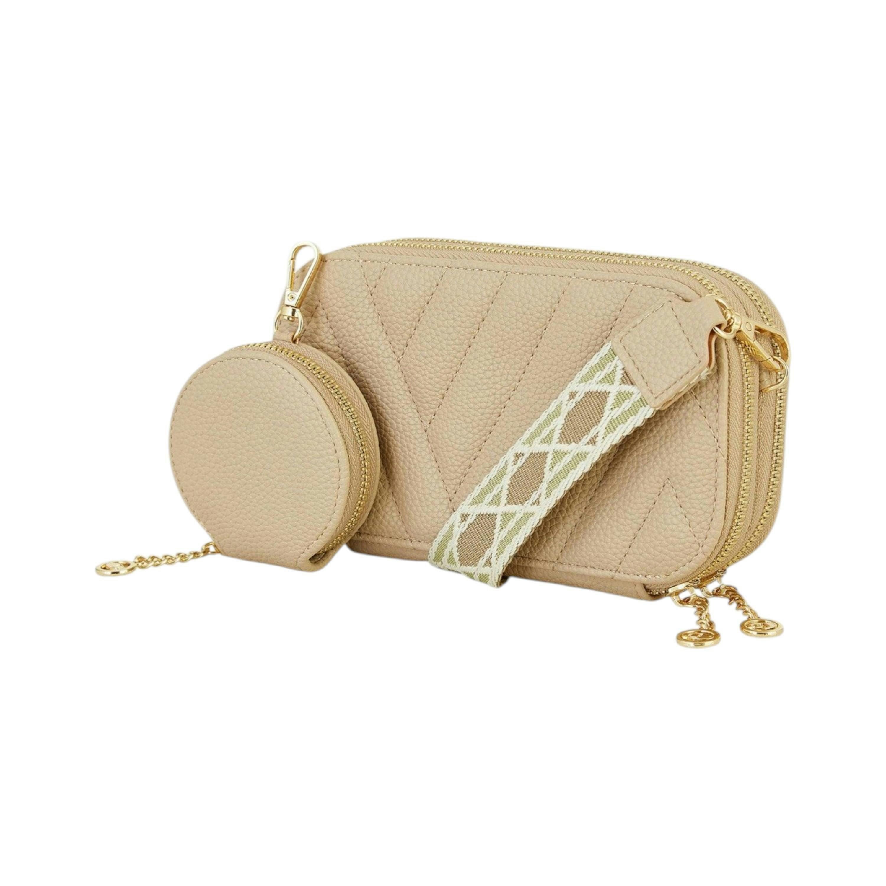 Yumi Beige Quilted Camera Bag With Cross Body Woven Strap , view 4 of 5