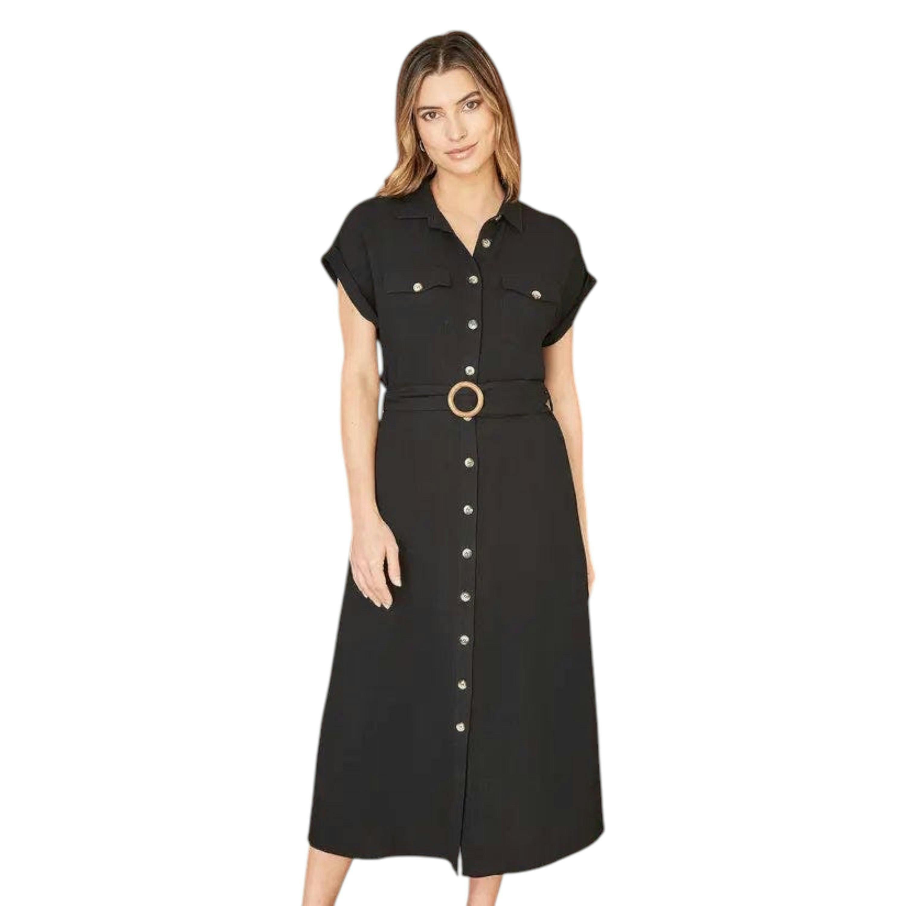 Yumi Black Viscose Linen Look Midi Shirt Dress With Wooden Belt , view 2 of 5