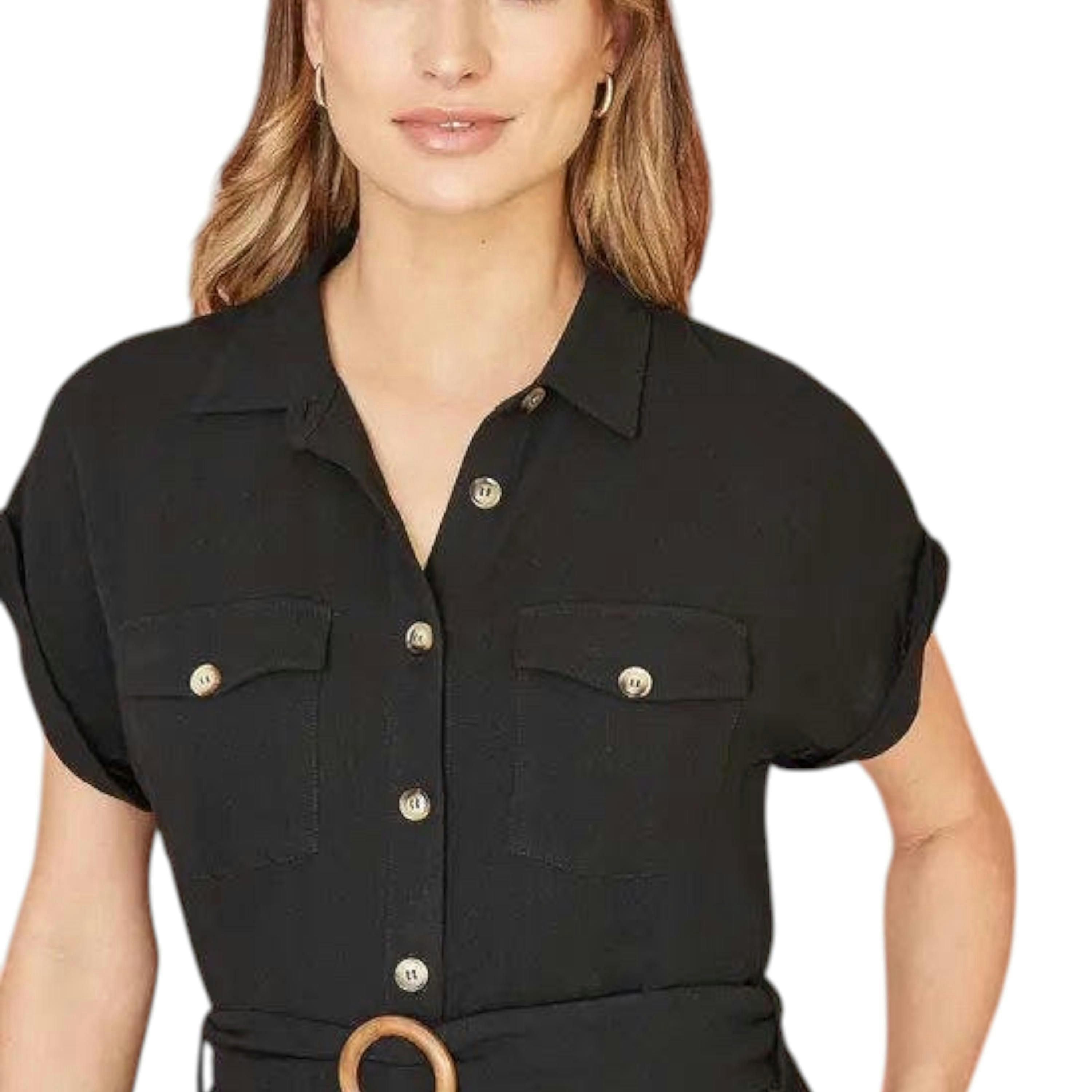 Yumi Black Viscose Linen Look Midi Shirt Dress With Wooden Belt , view 3 of 5