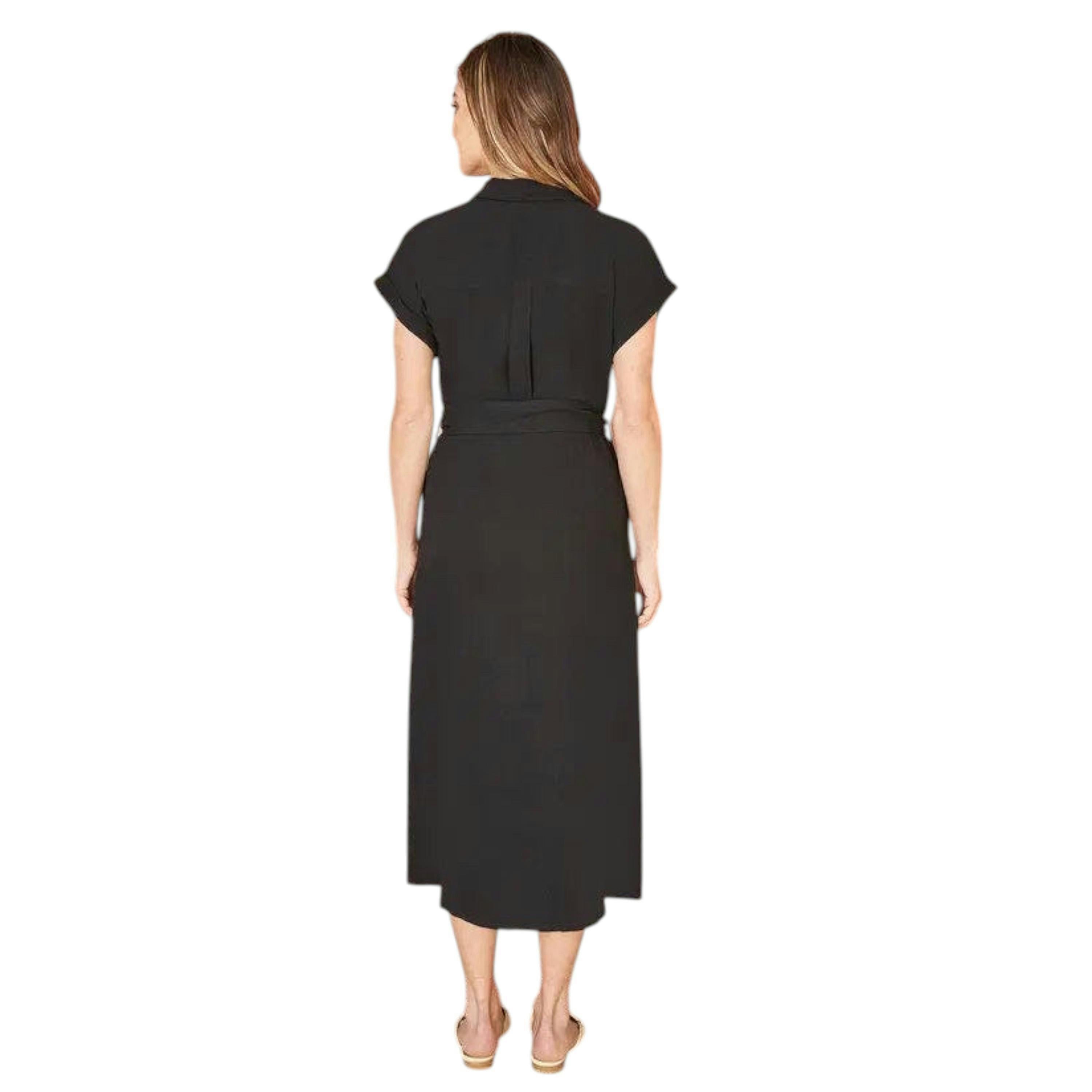 Yumi Black Viscose Linen Look Midi Shirt Dress With Wooden Belt , view 4 of 5