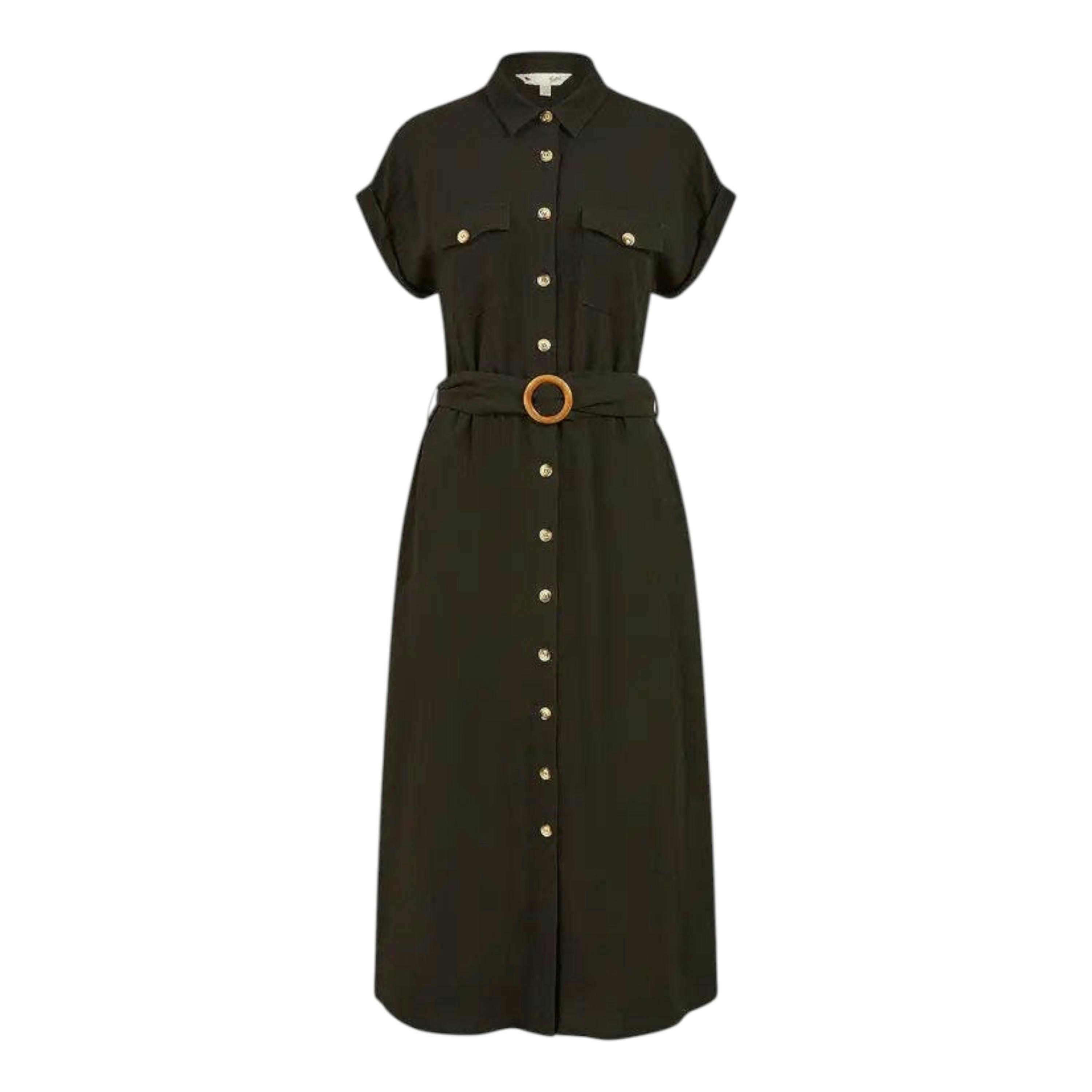 Yumi Black Viscose Linen Look Midi Shirt Dress With Wooden Belt , view 5 of 5