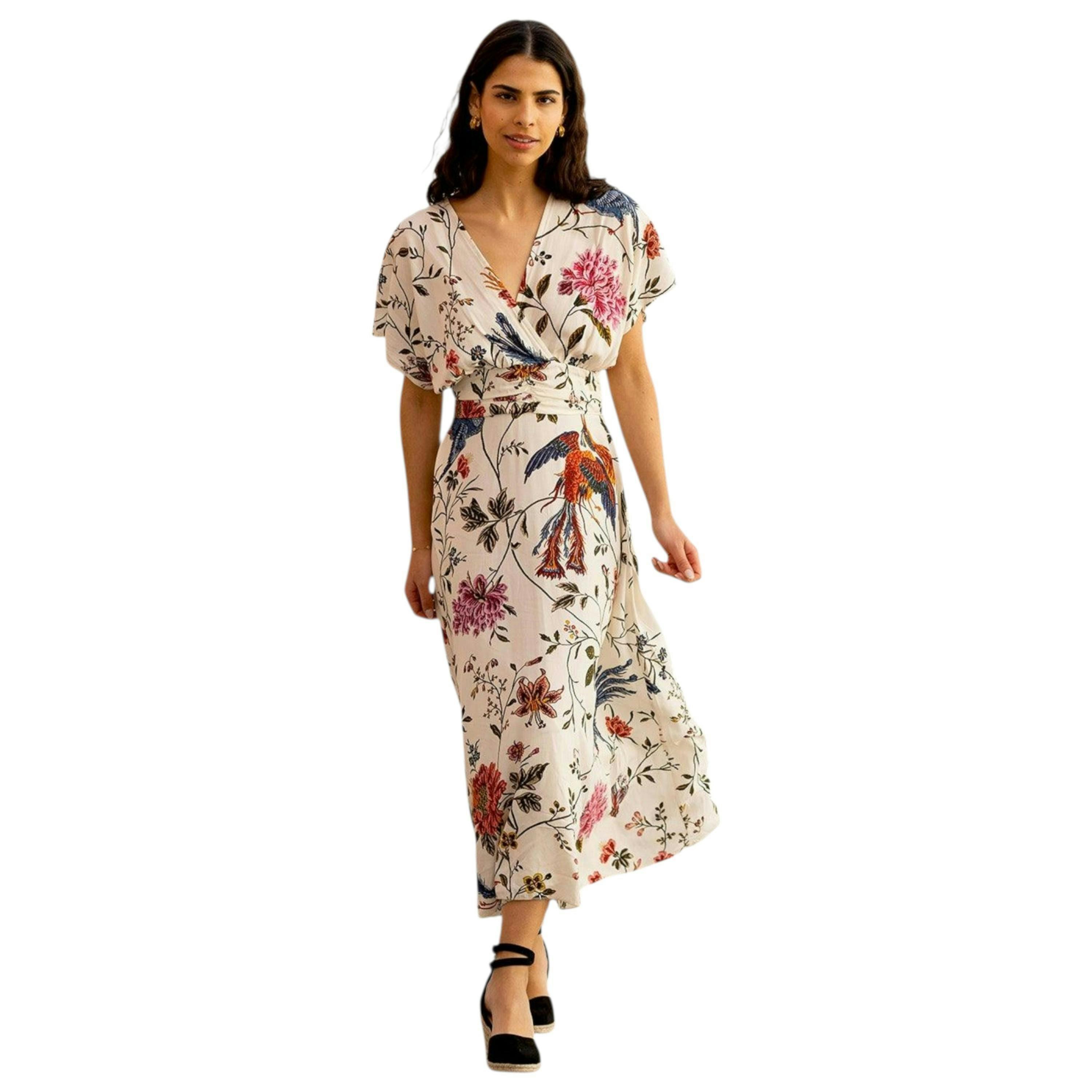 Yumi Ivory Bird and Floral Print Ruched Waist Kimono Midi Dress , view 2 of 6