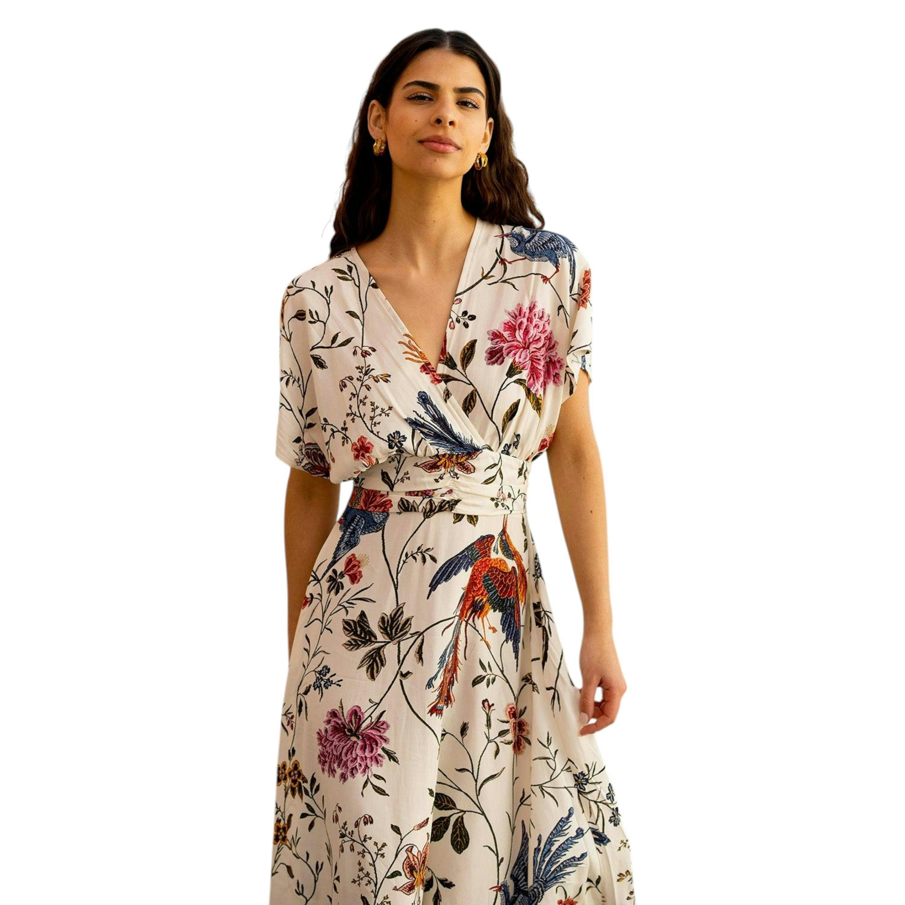 Yumi Ivory Bird and Floral Print Ruched Waist Kimono Midi Dress , view 3 of 6