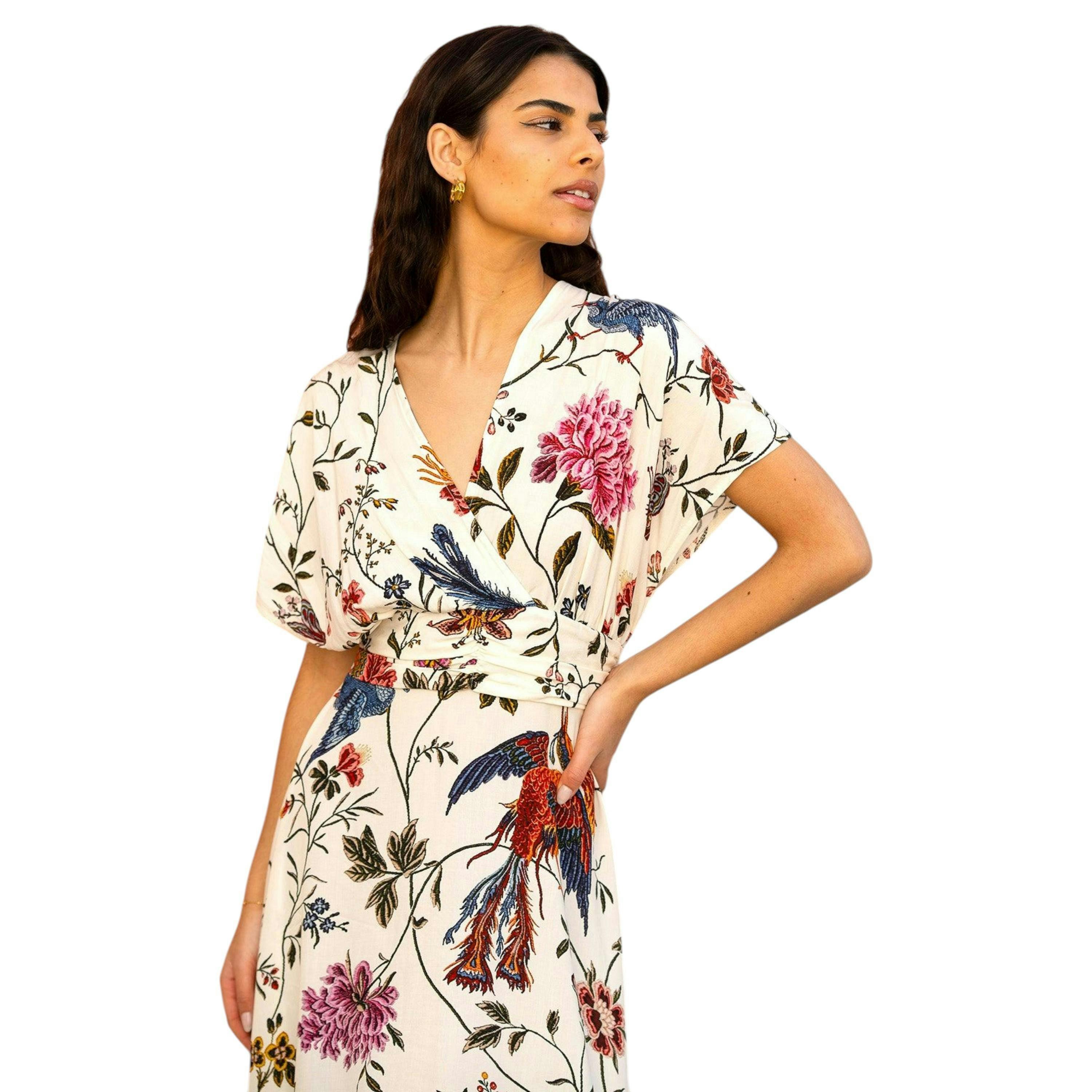 Yumi Ivory Bird and Floral Print Ruched Waist Kimono Midi Dress , view 4 of 6