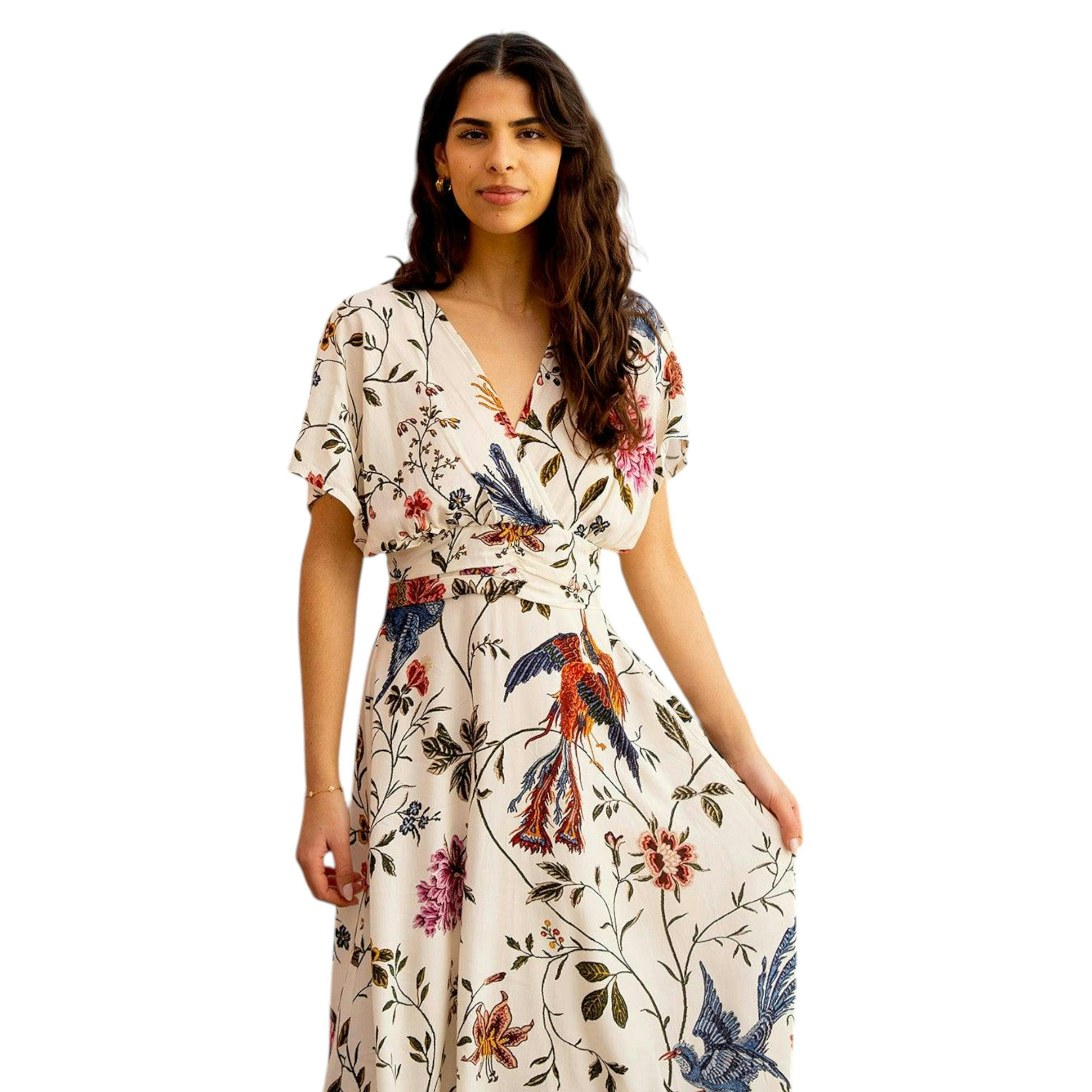 Yumi Ivory Bird and Floral Print Ruched Waist Kimono Midi Dress , view 5 of 6