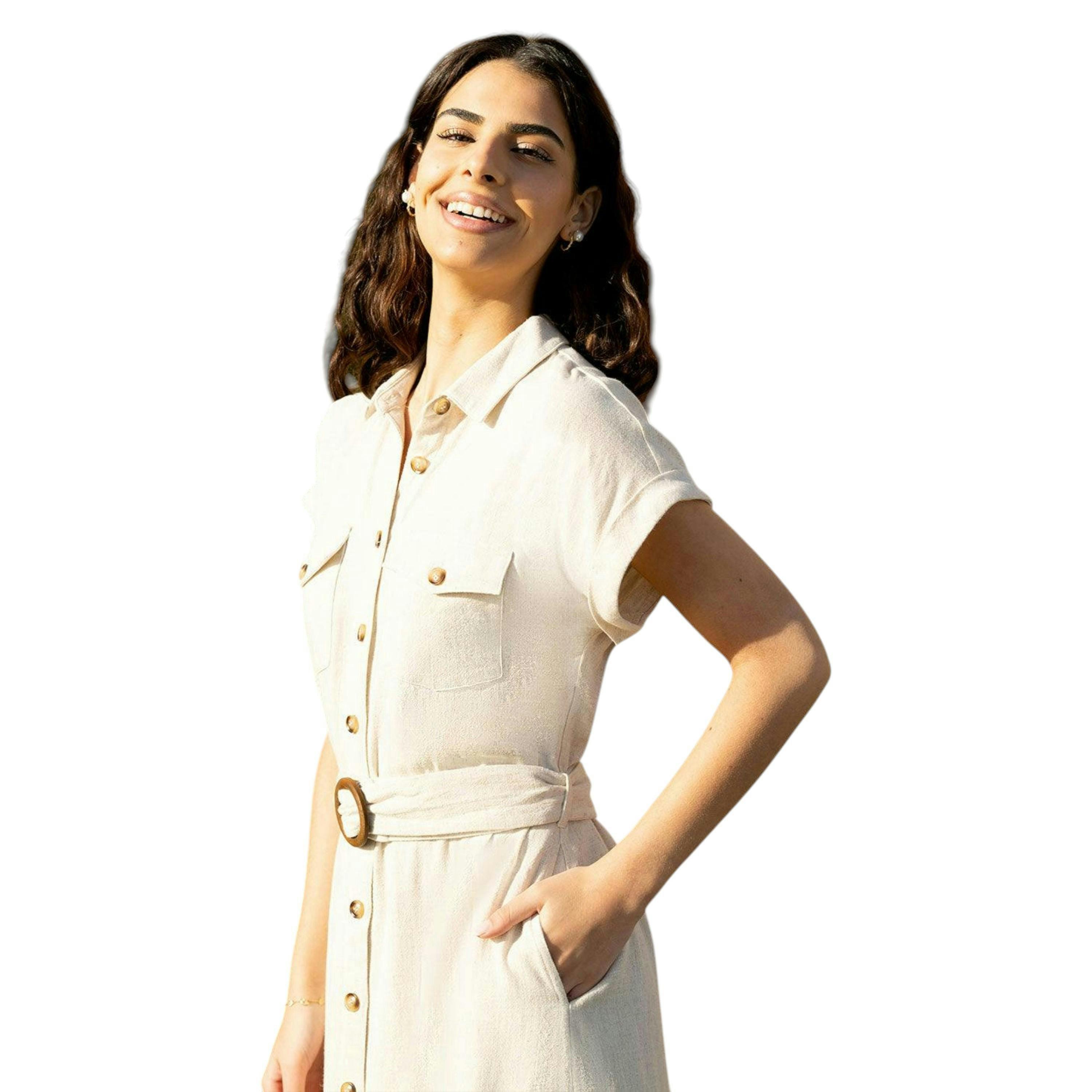 Yumi Stone Viscose Linen Look Midi Shirt Dress With Wooden Belt , view 2 of 5