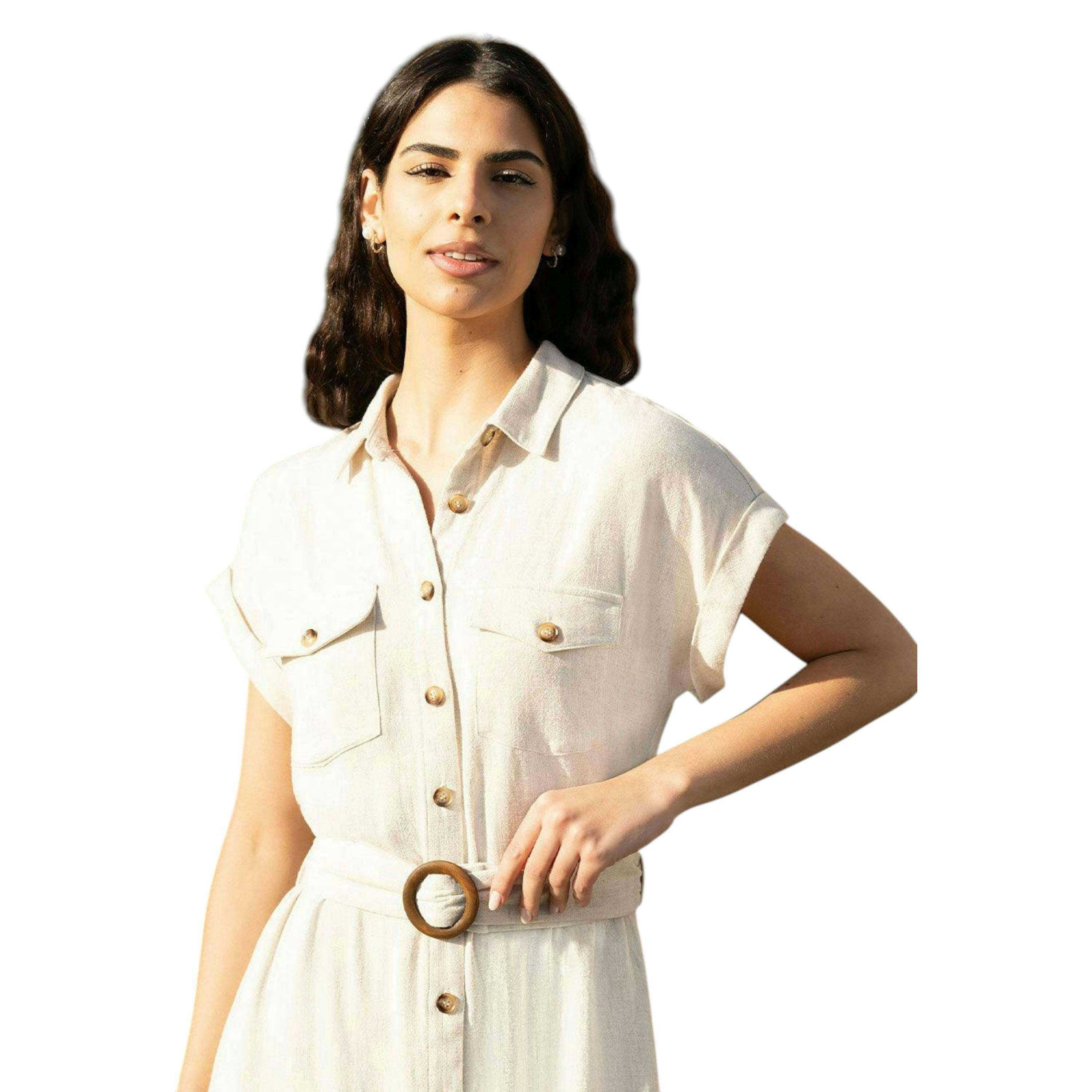 Yumi Stone Viscose Linen Look Midi Shirt Dress With Wooden Belt , view 3 of 5