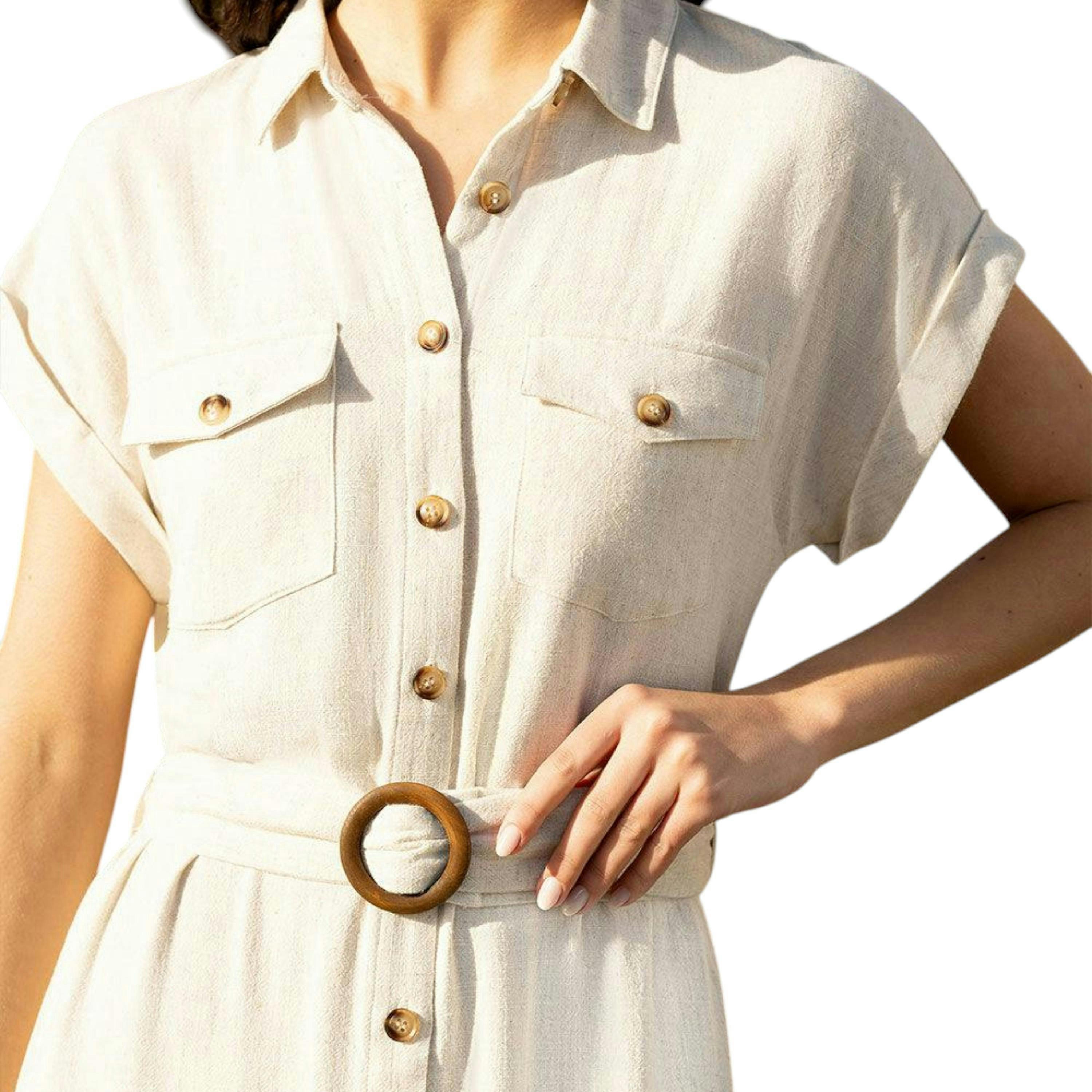 Yumi Stone Viscose Linen Look Midi Shirt Dress With Wooden Belt , view 4 of 5