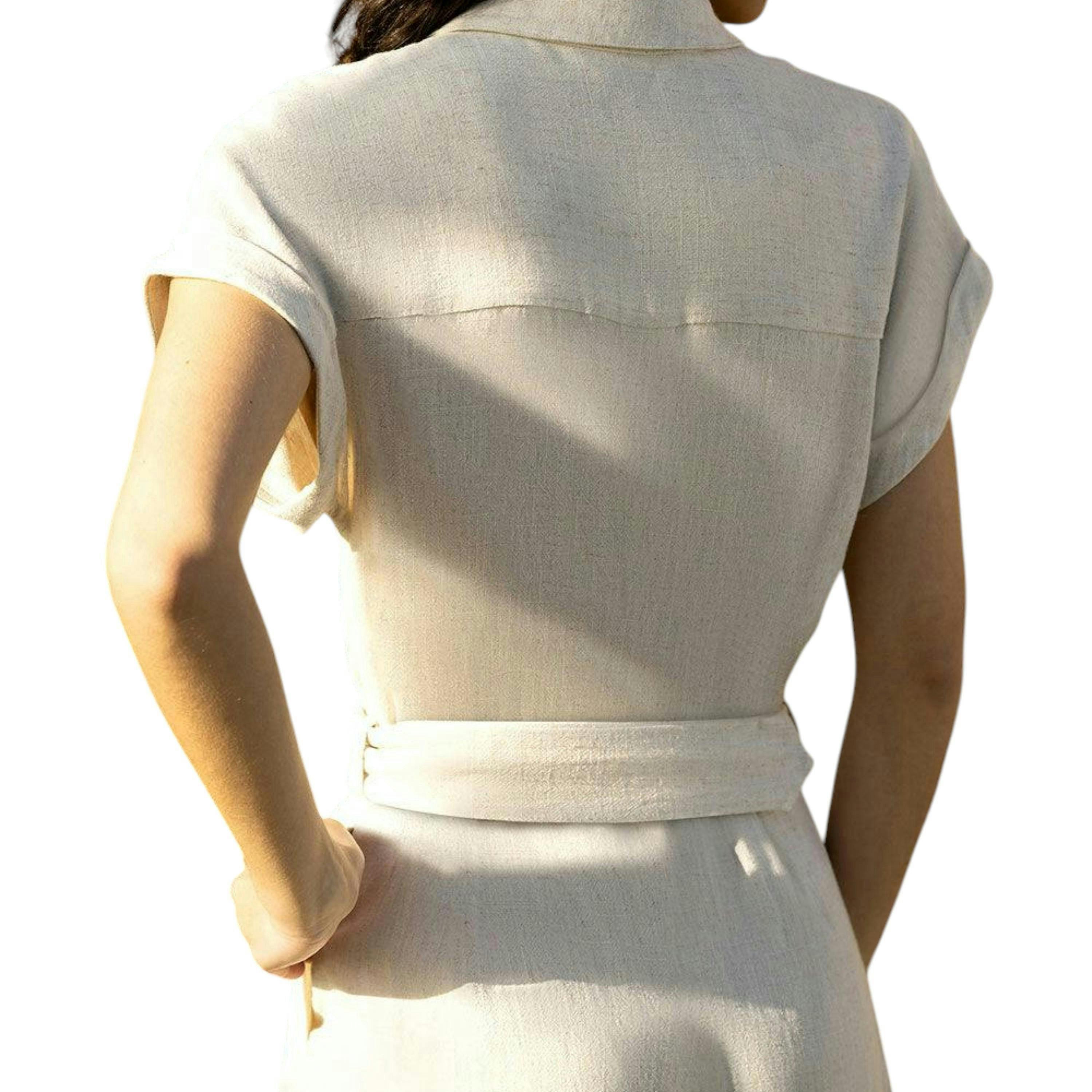 Yumi Stone Viscose Linen Look Midi Shirt Dress With Wooden Belt , view 5 of 5