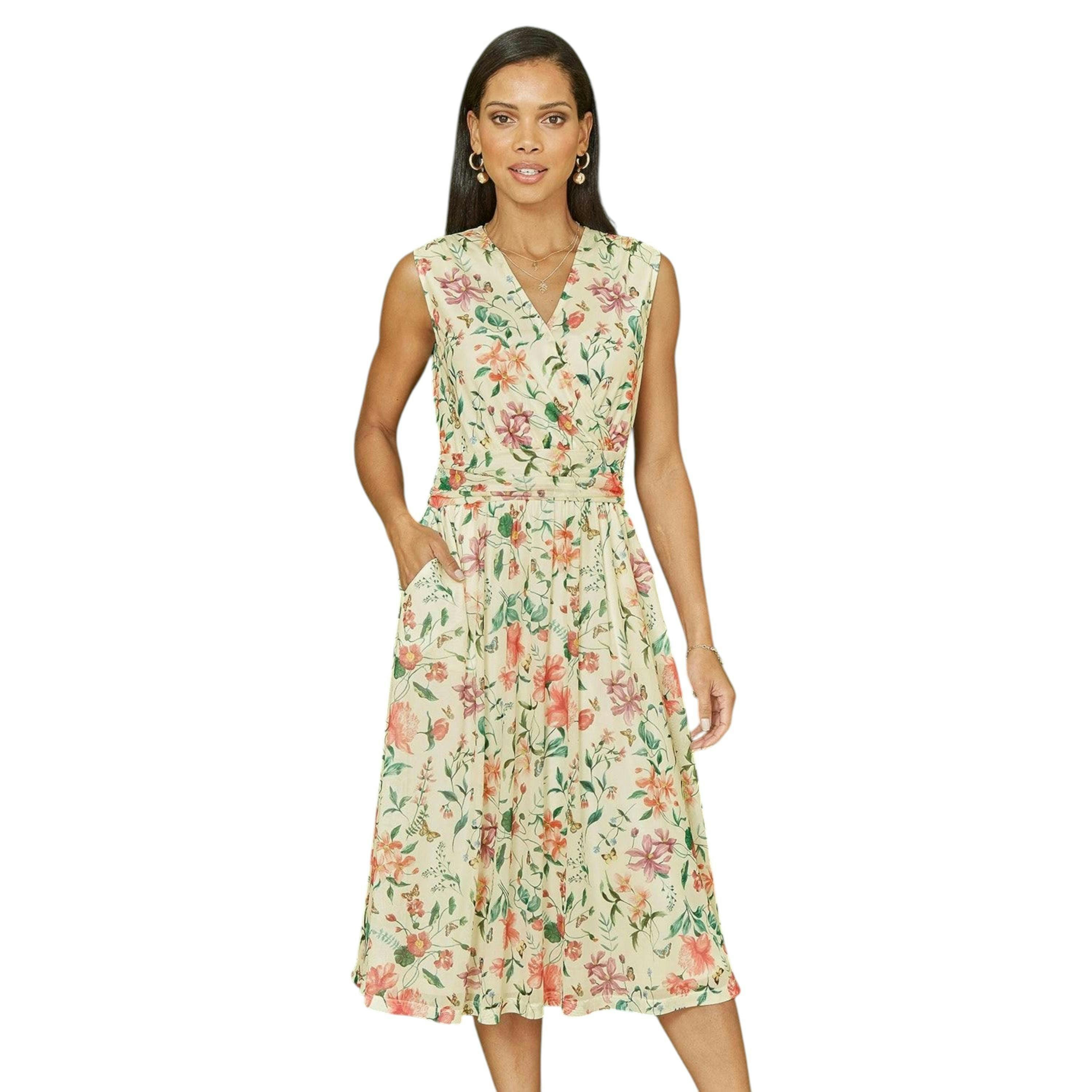 Yumi Ivory Floral Print Mesh Stretch Midi Dress With Pockets , view 2 of 4