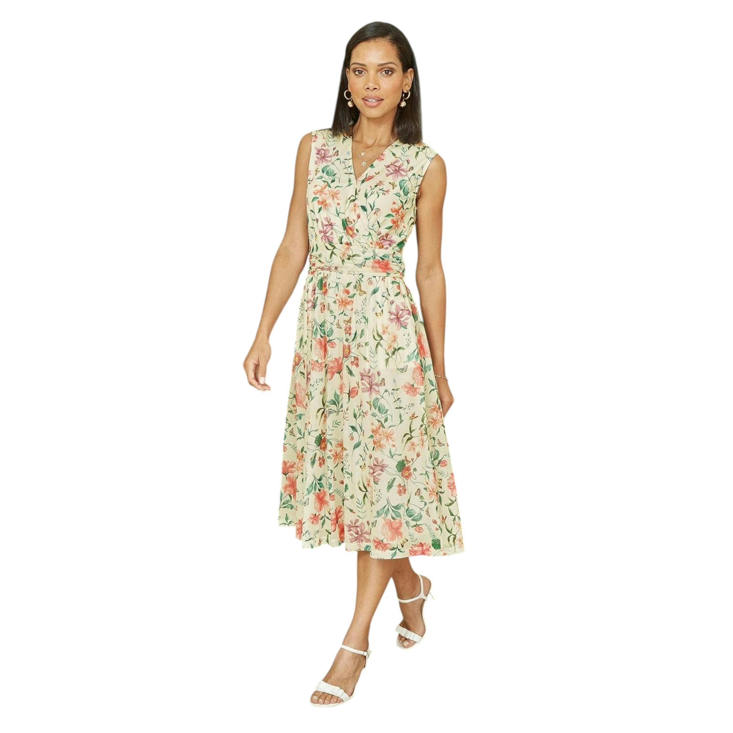 Yumi Ivory Floral Print Mesh Stretch Midi Dress With Pockets , view 3 of 4