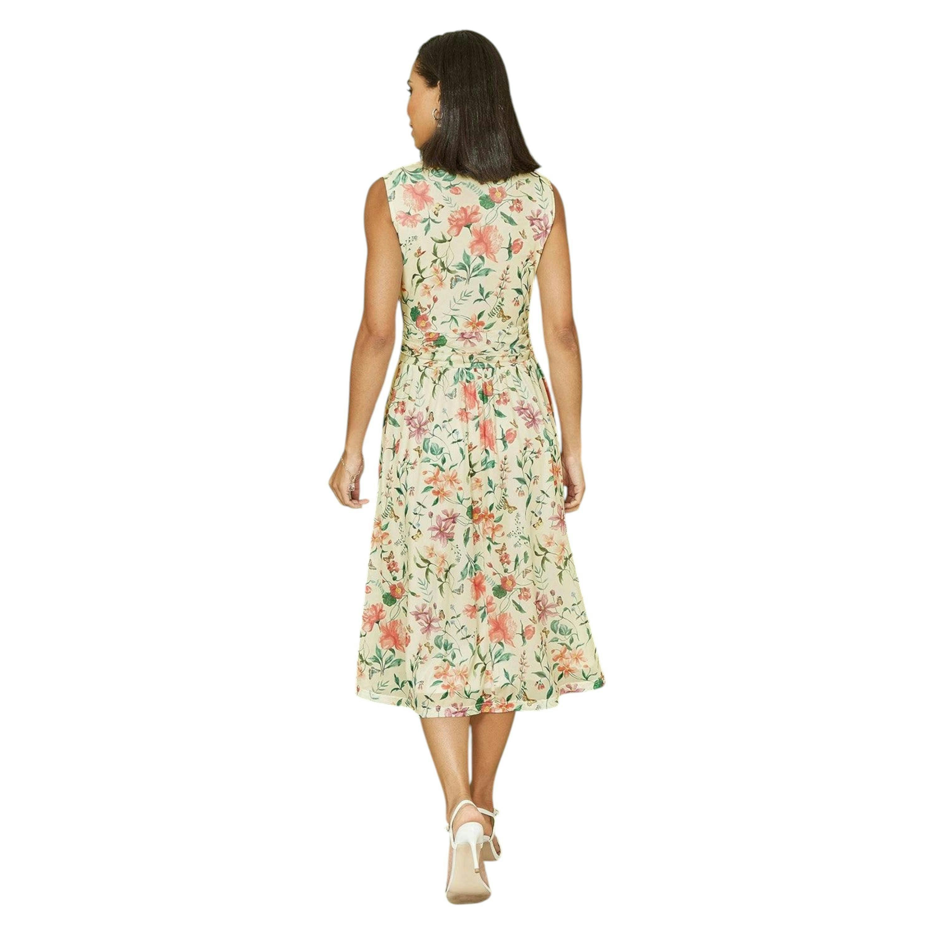 Yumi Ivory Floral Print Mesh Stretch Midi Dress With Pockets , view 4 of 4