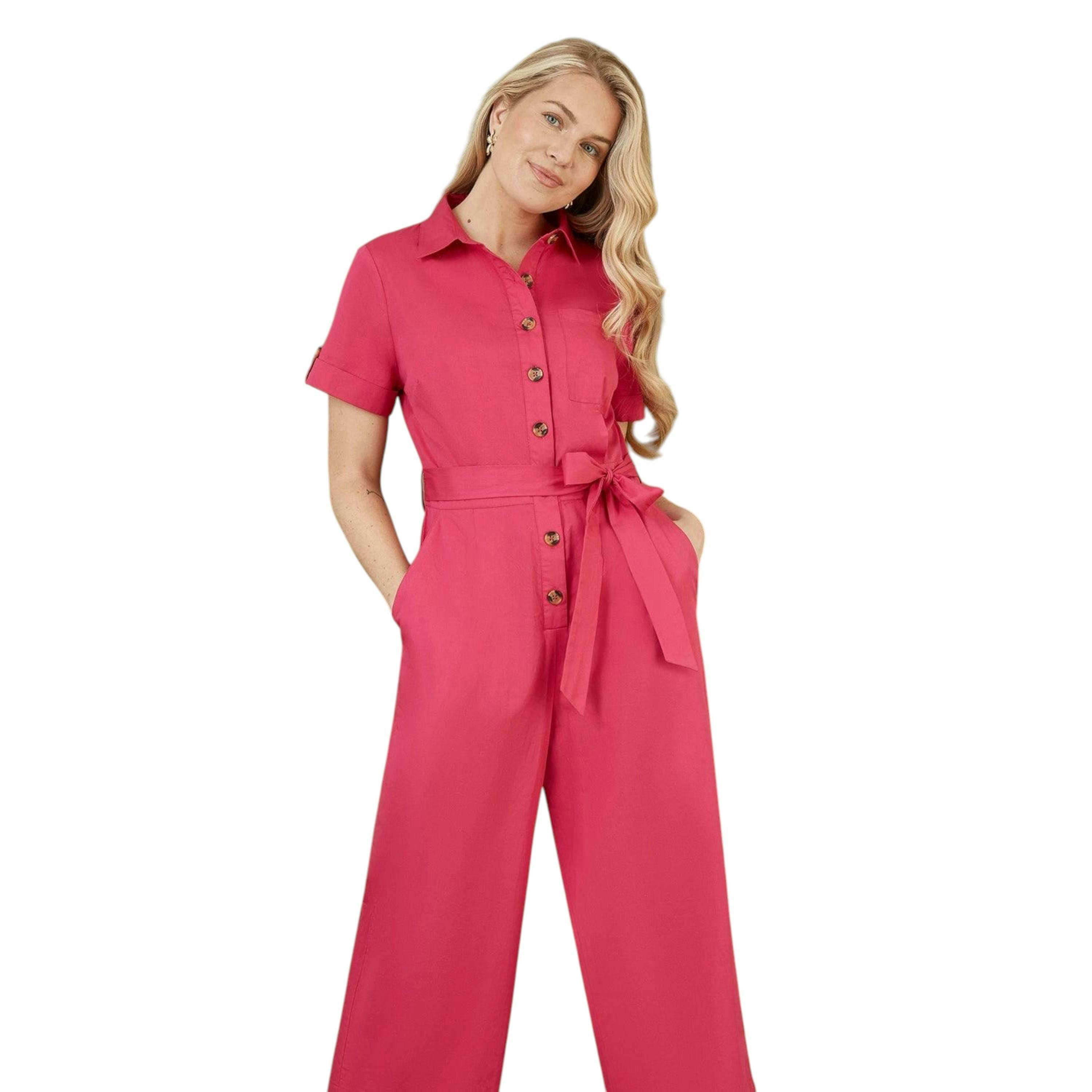 Yumi Pink Viscose Twill Button Up Utility Style Jumpsuit , view 2 of 4