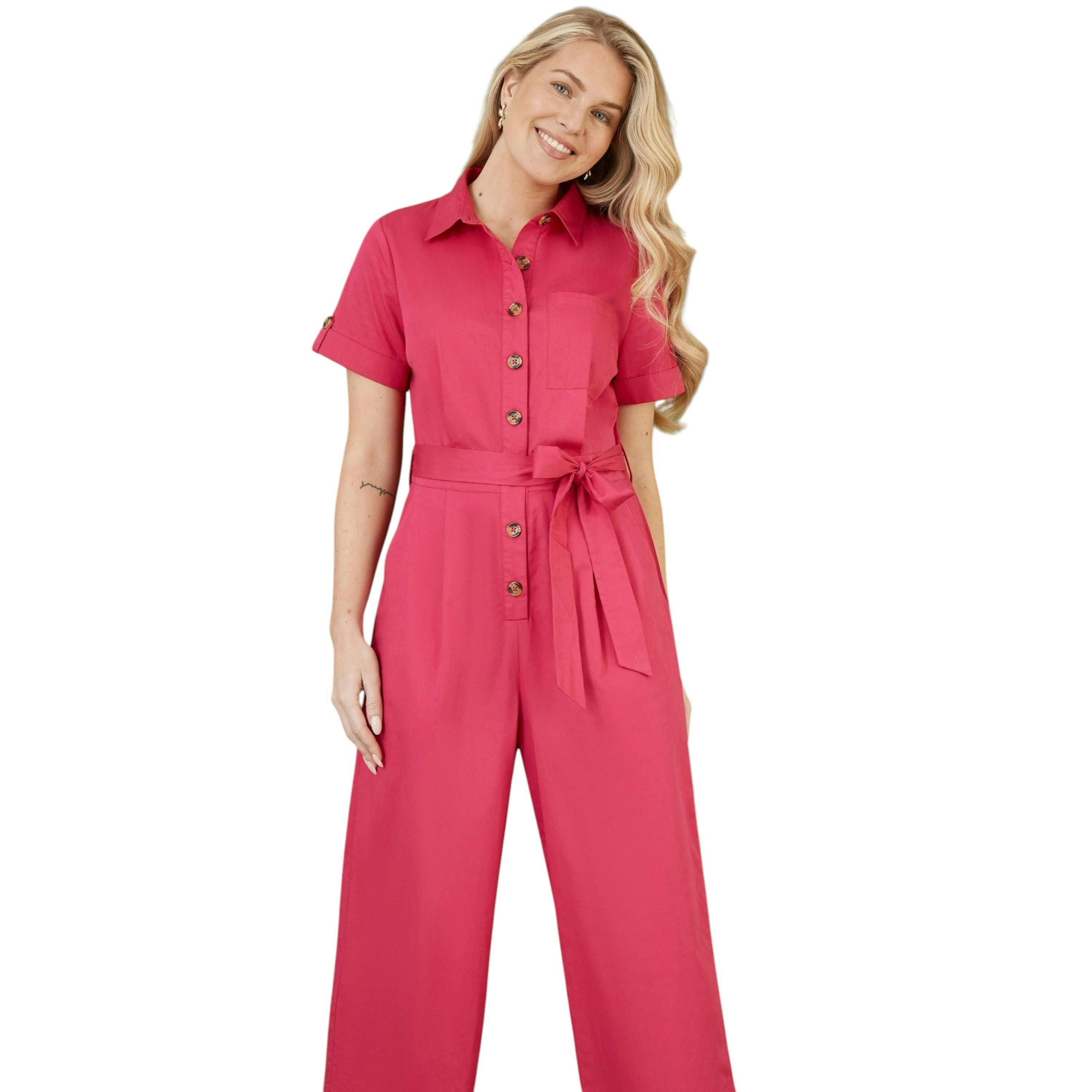 Yumi Pink Viscose Twill Button Up Utility Style Jumpsuit , view 4 of 4