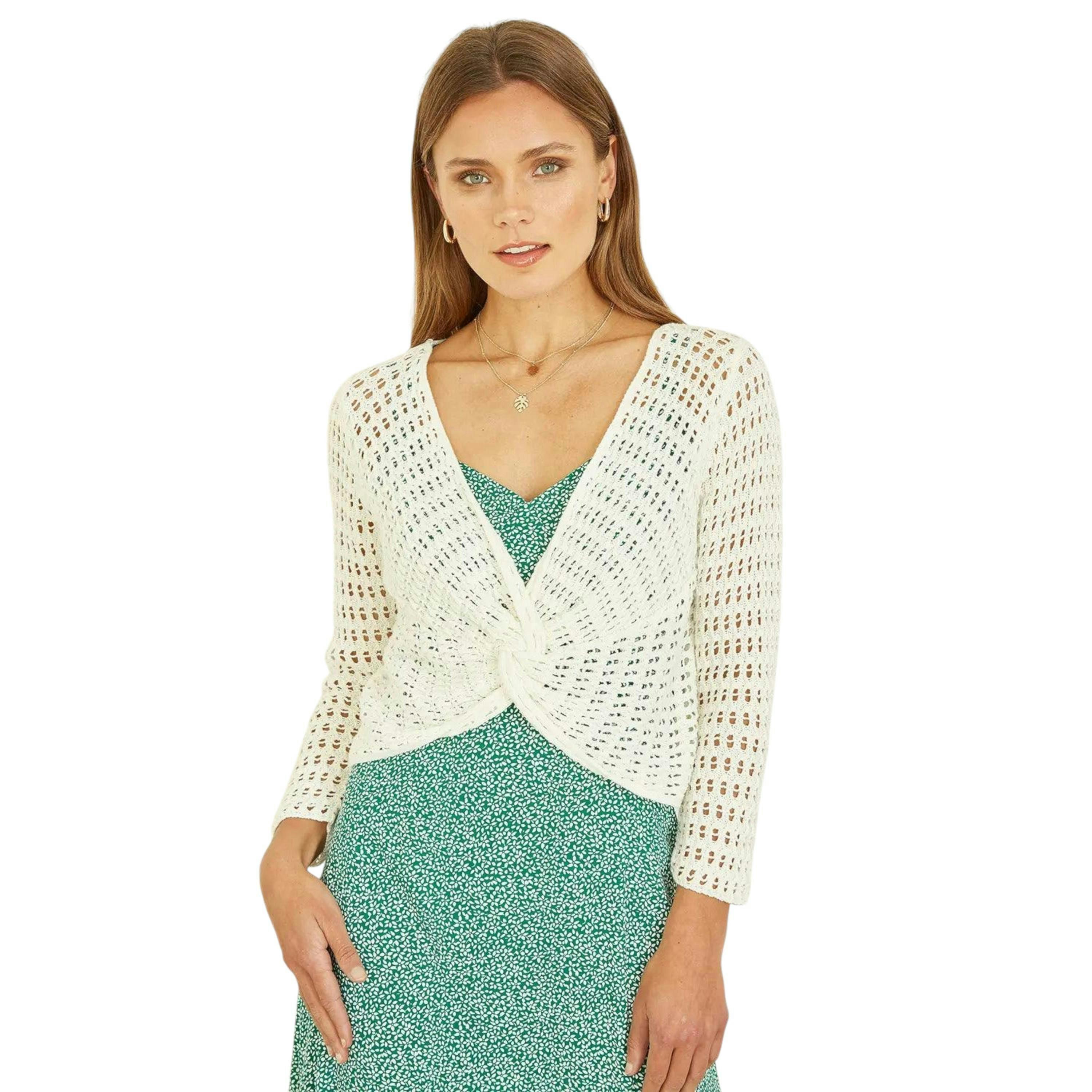 Yumi Ivory Cotton Crochet Twisted Bolero Top , view 1 of 4