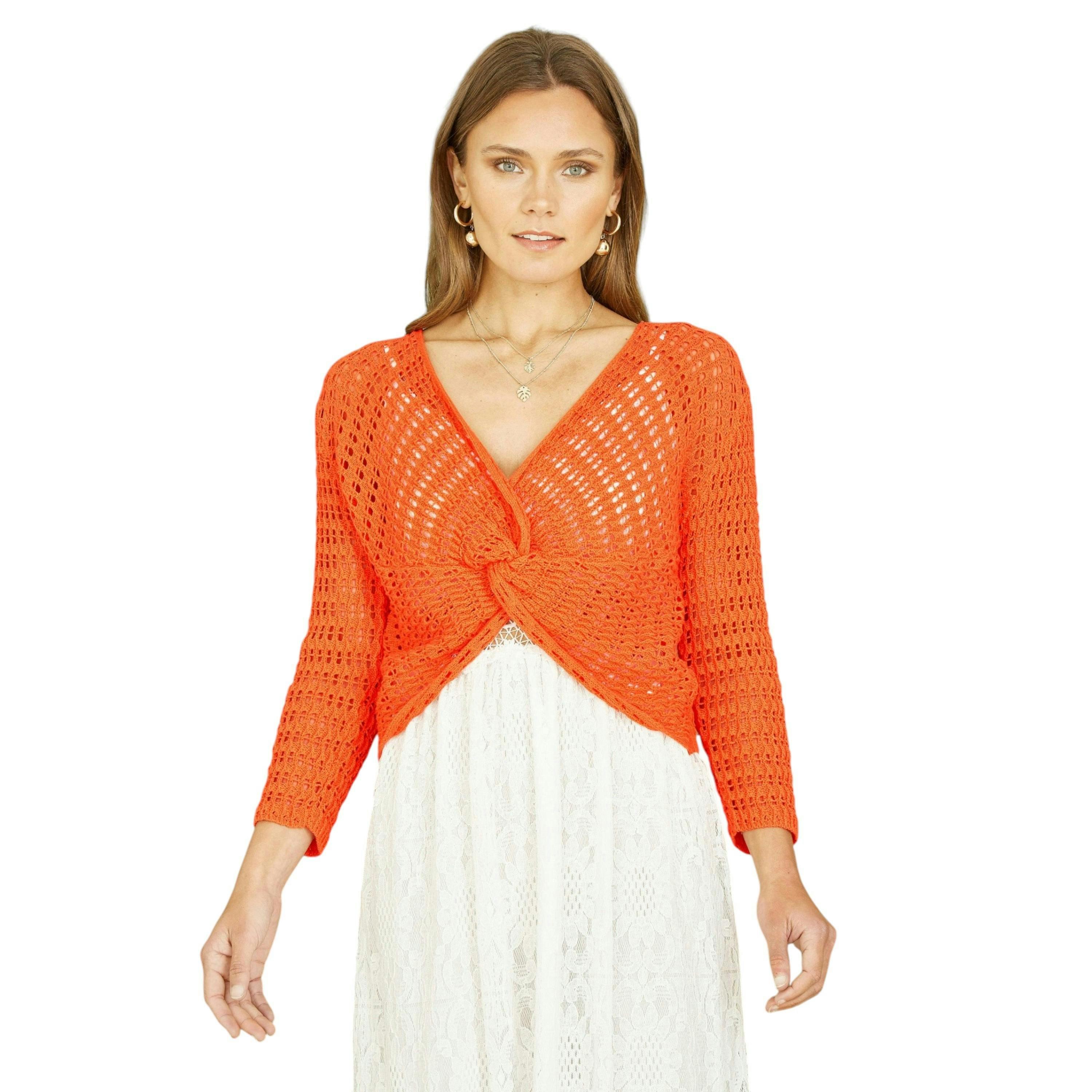Yumi Orange Cotton Crochet Twisted Bolero Top , view 1 of 4