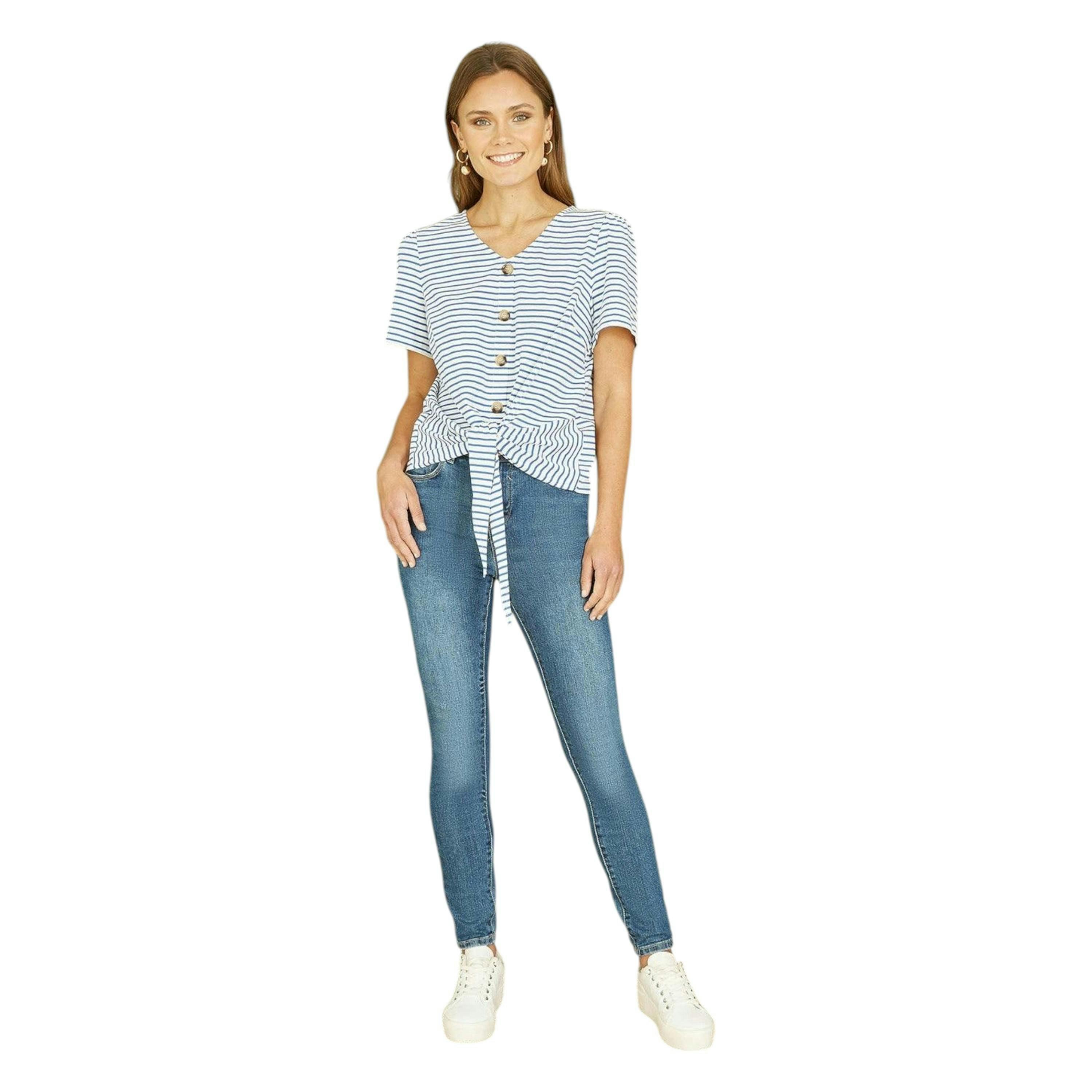 Yumi Blue Striped Jersey Button Detail Top , view 2 of 4