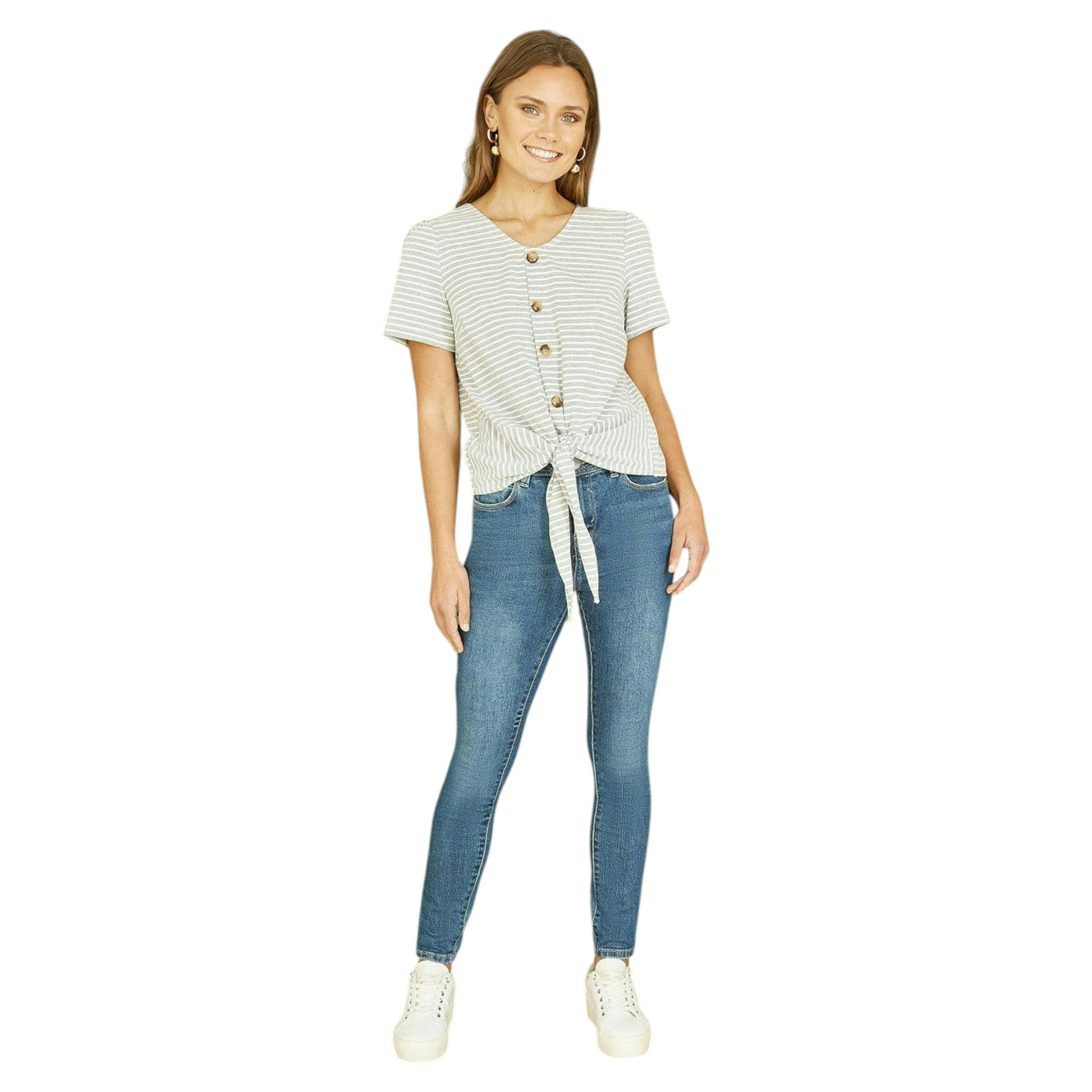 Yumi Grey Striped Jersey Button Detail Top , view 3 of 4