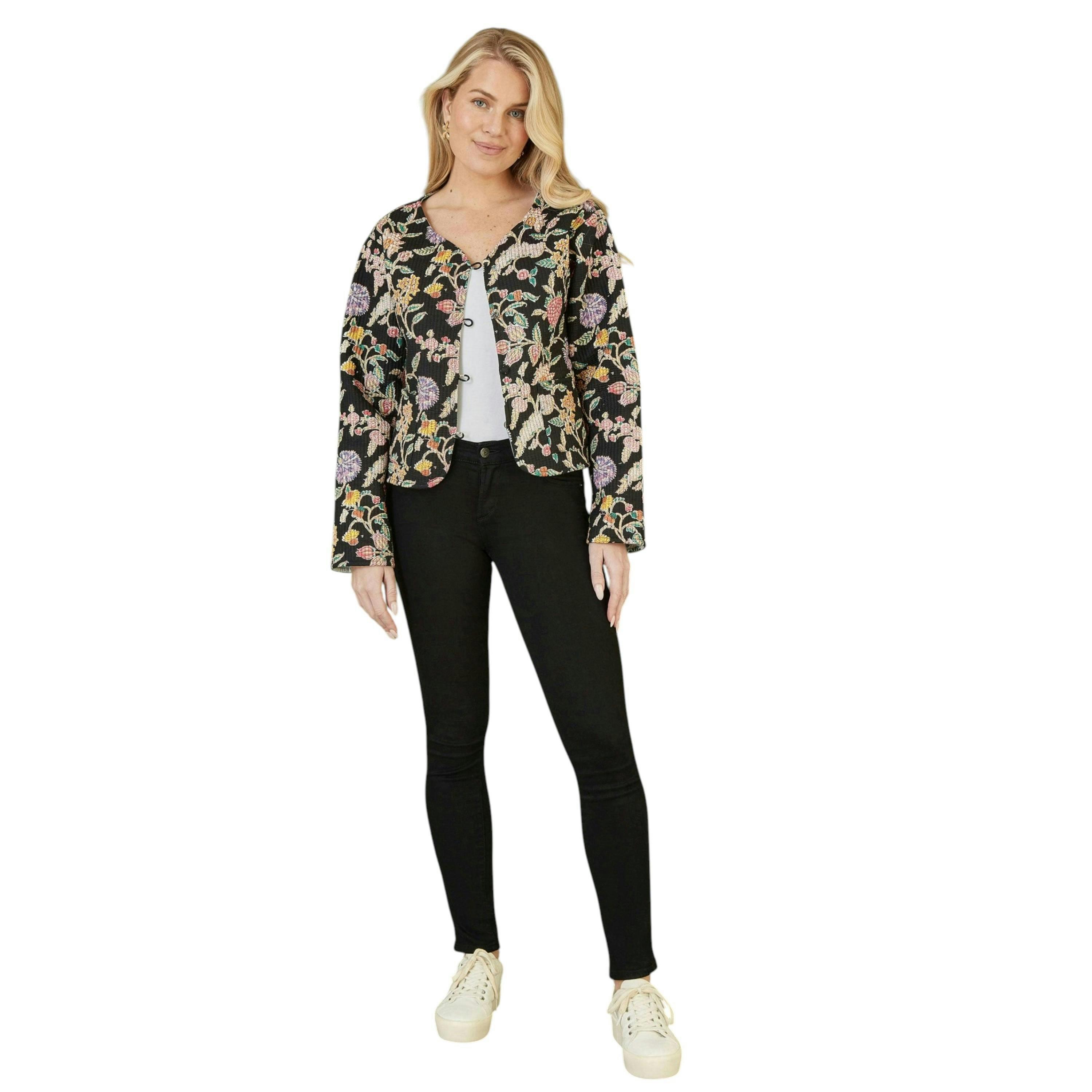 Yumi Black Floral Print Reversible Cotton Cropped Quilted Jacket , view 1 of 2