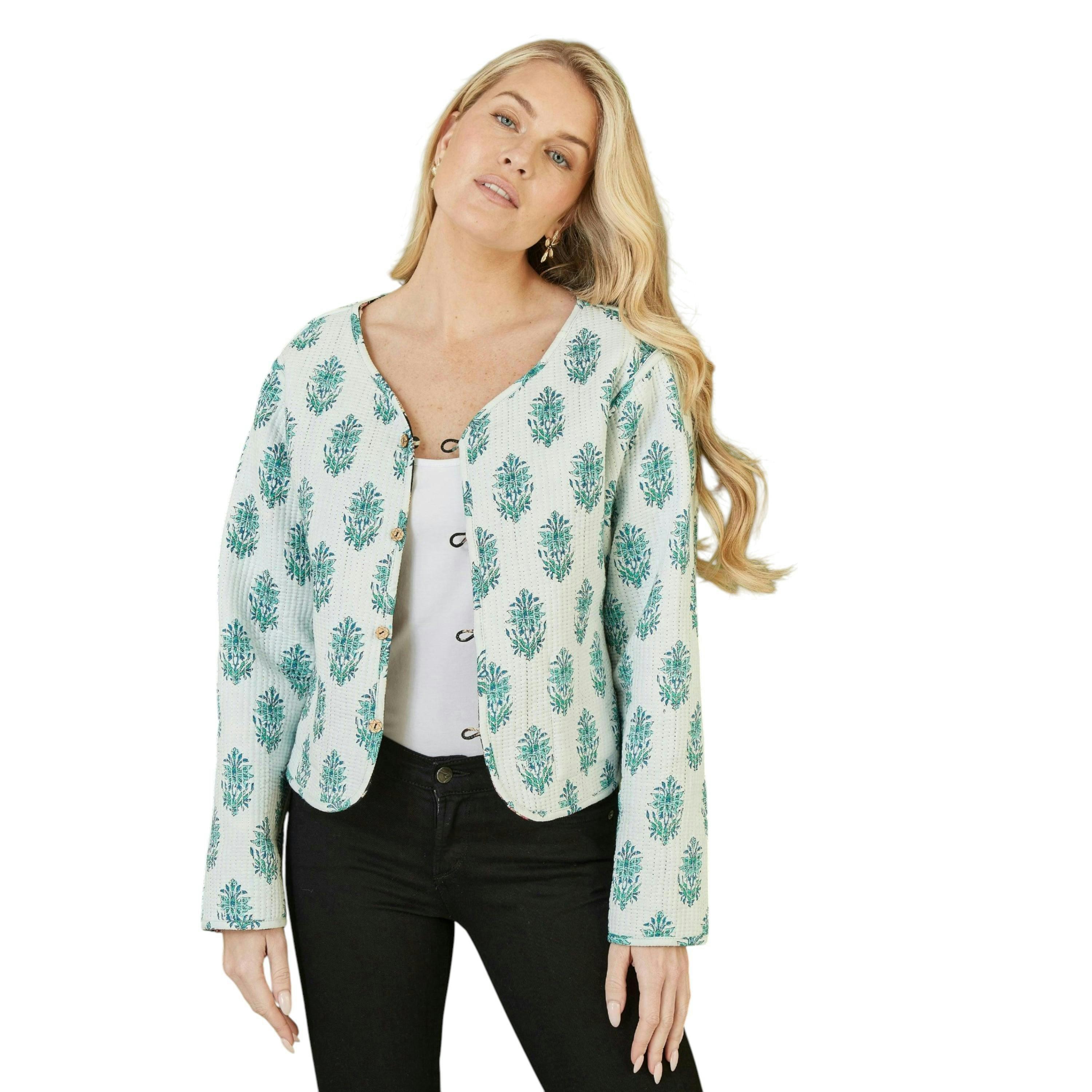 Yumi Black Floral Print Reversible Cotton Cropped Quilted Jacket , view 2 of 2