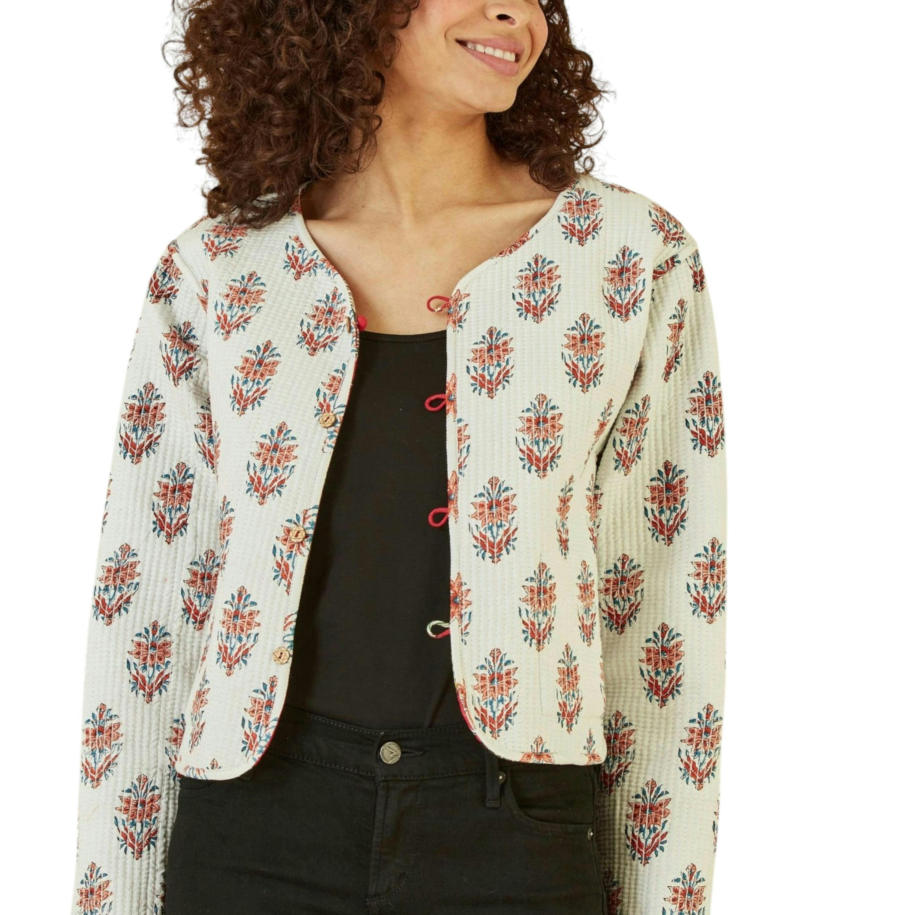 Yumi Red Animal Print Reversible Cotton Cropped Quilted Jacket , view 1 of 4