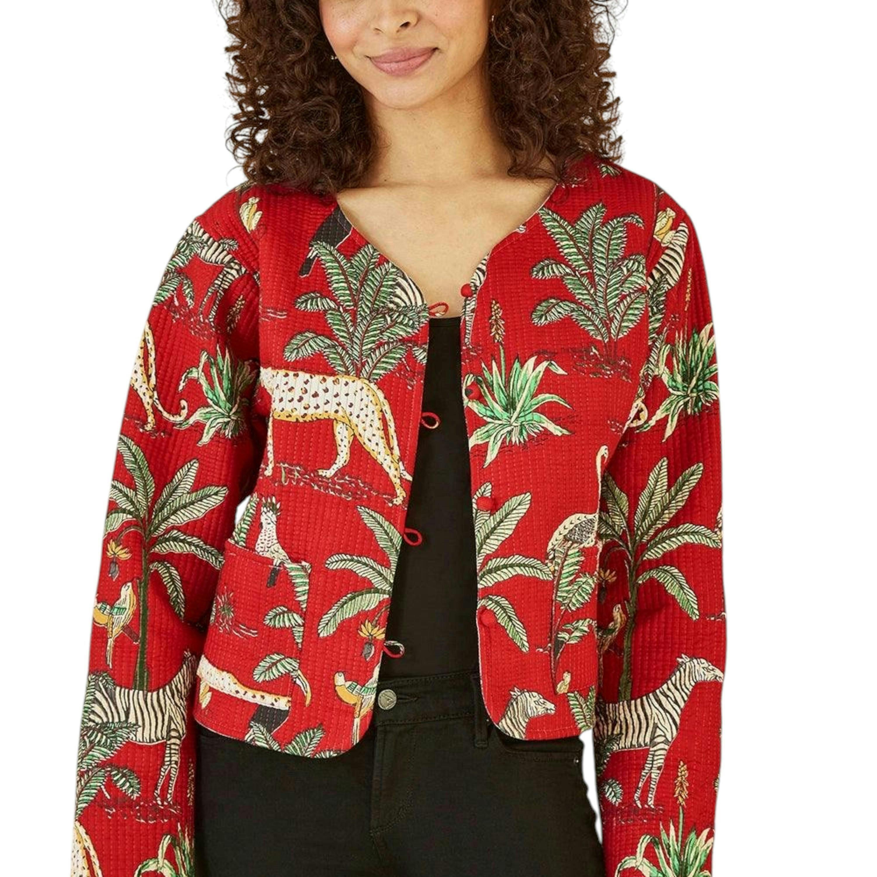 Yumi Red Animal Print Reversible Cotton Cropped Quilted Jacket , view 2 of 4