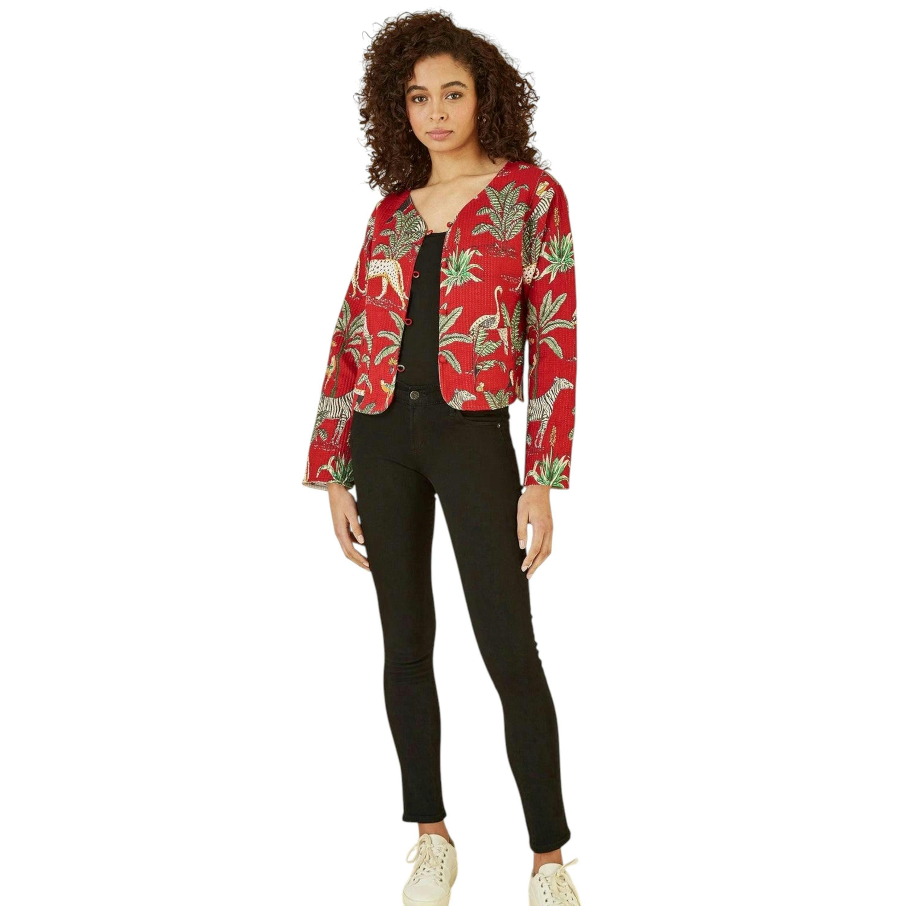 Yumi Red Animal Print Reversible Cotton Cropped Quilted Jacket , view 3 of 4