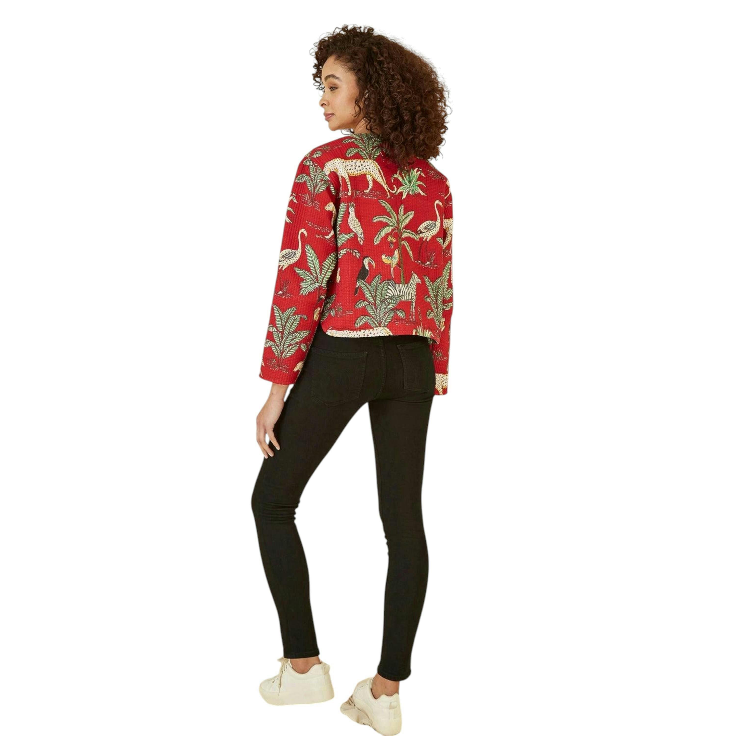 Yumi Red Animal Print Reversible Cotton Cropped Quilted Jacket , view 4 of 4