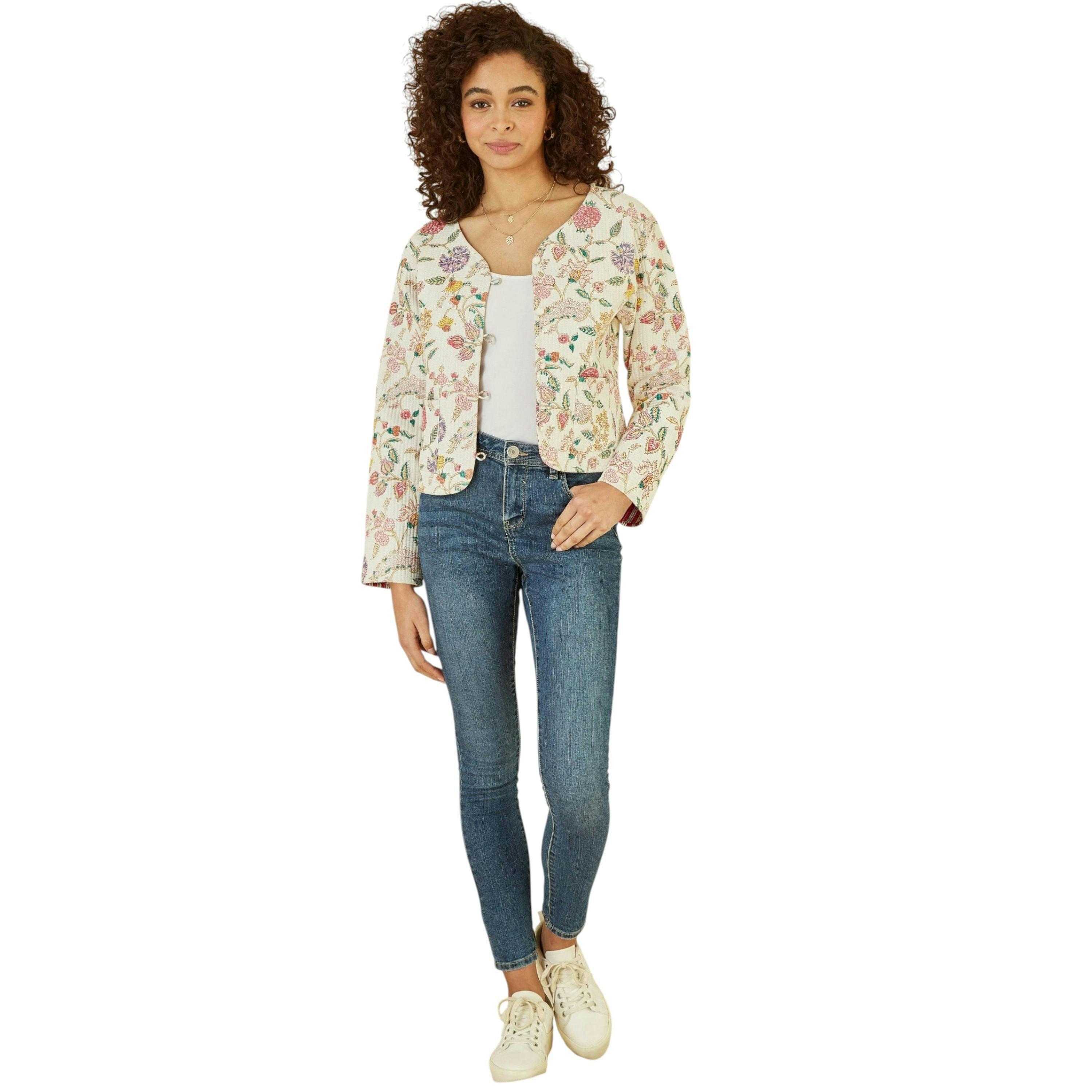 Yumi White Floral Print Reversible Cotton Cropped Quilted Jacket , view 1 of 3