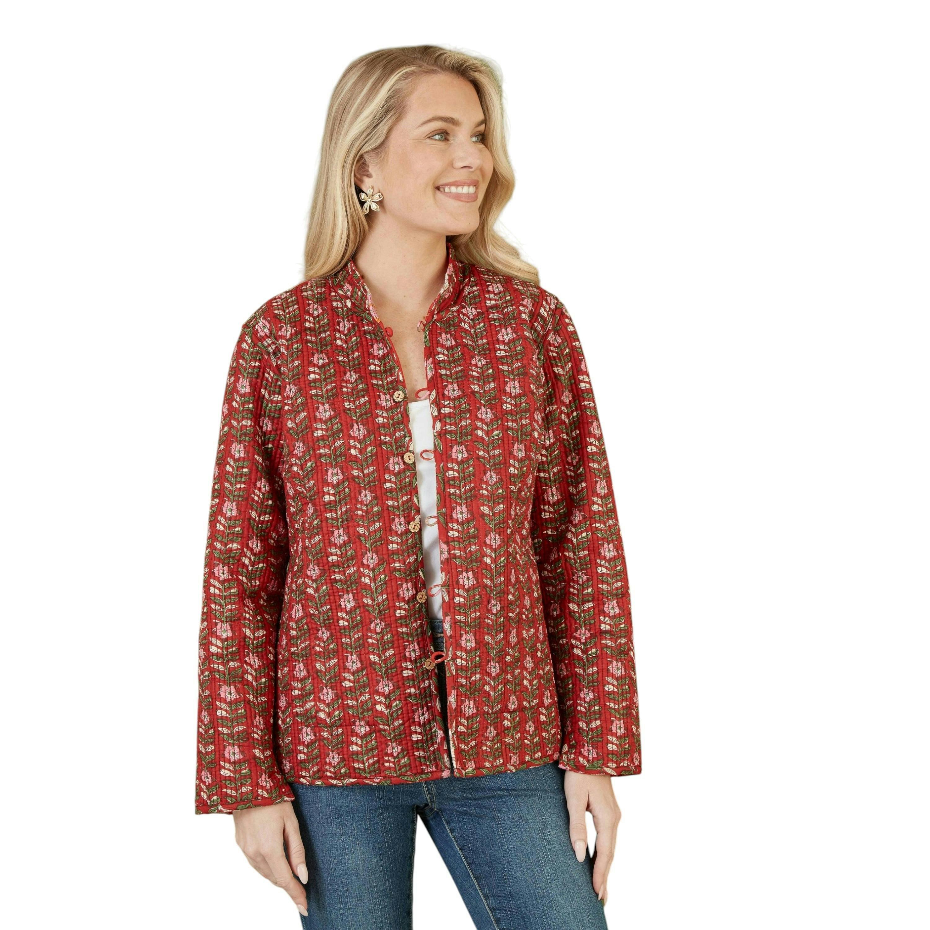 Yumi Red Floral Print Reversible Cotton Quilted Jacket , view 1 of 4
