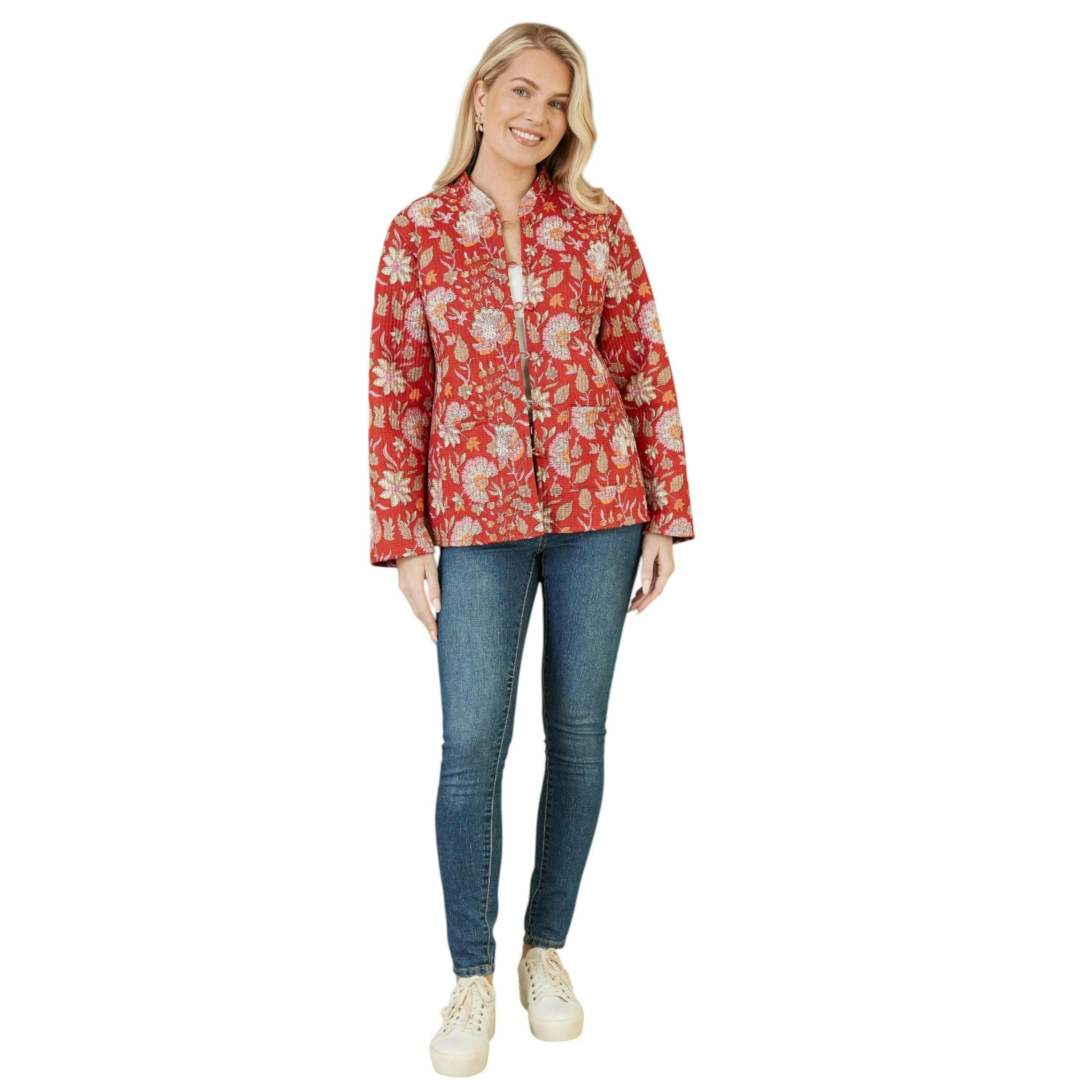 Yumi Red Floral Print Reversible Cotton Quilted Jacket , view 2 of 4