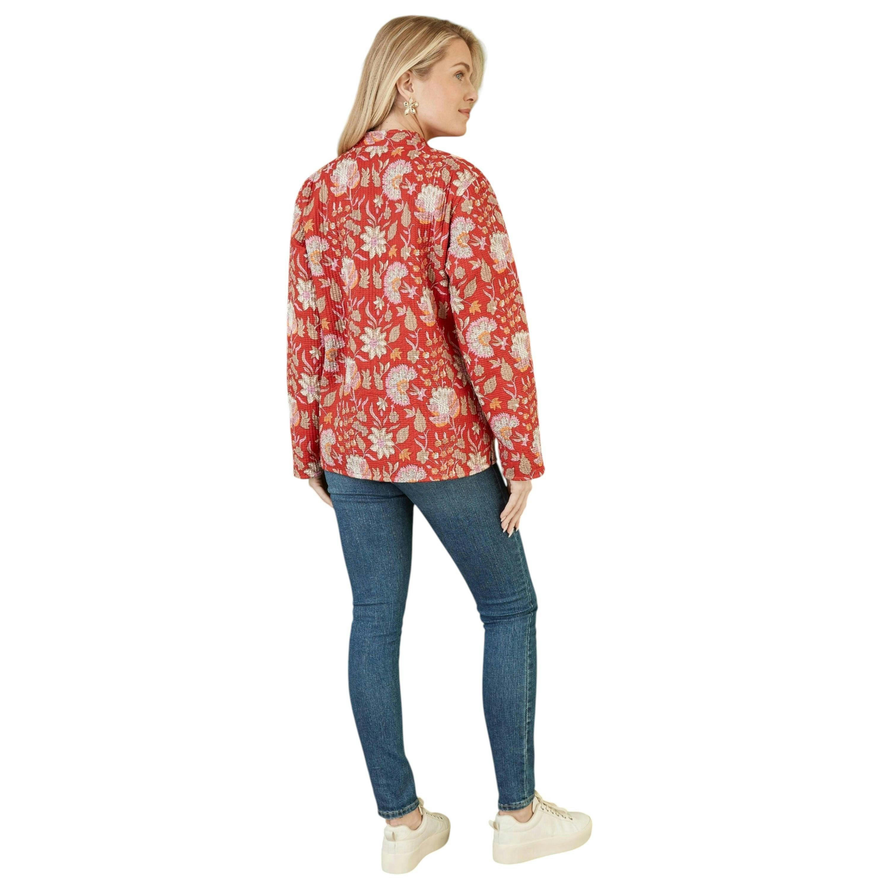 Yumi Red Floral Print Reversible Cotton Quilted Jacket , view 3 of 4