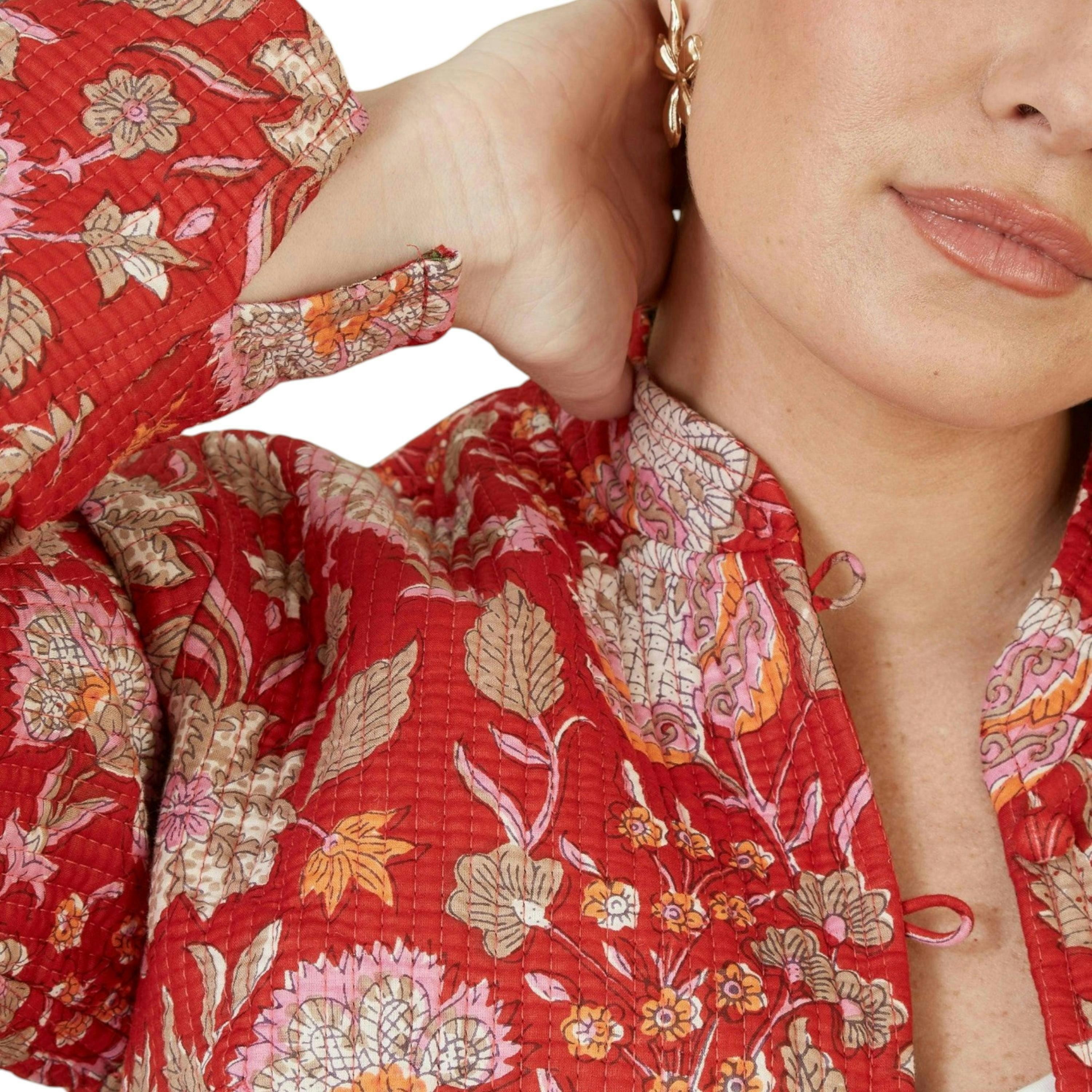 Yumi Red Floral Print Reversible Cotton Quilted Jacket , view 4 of 4