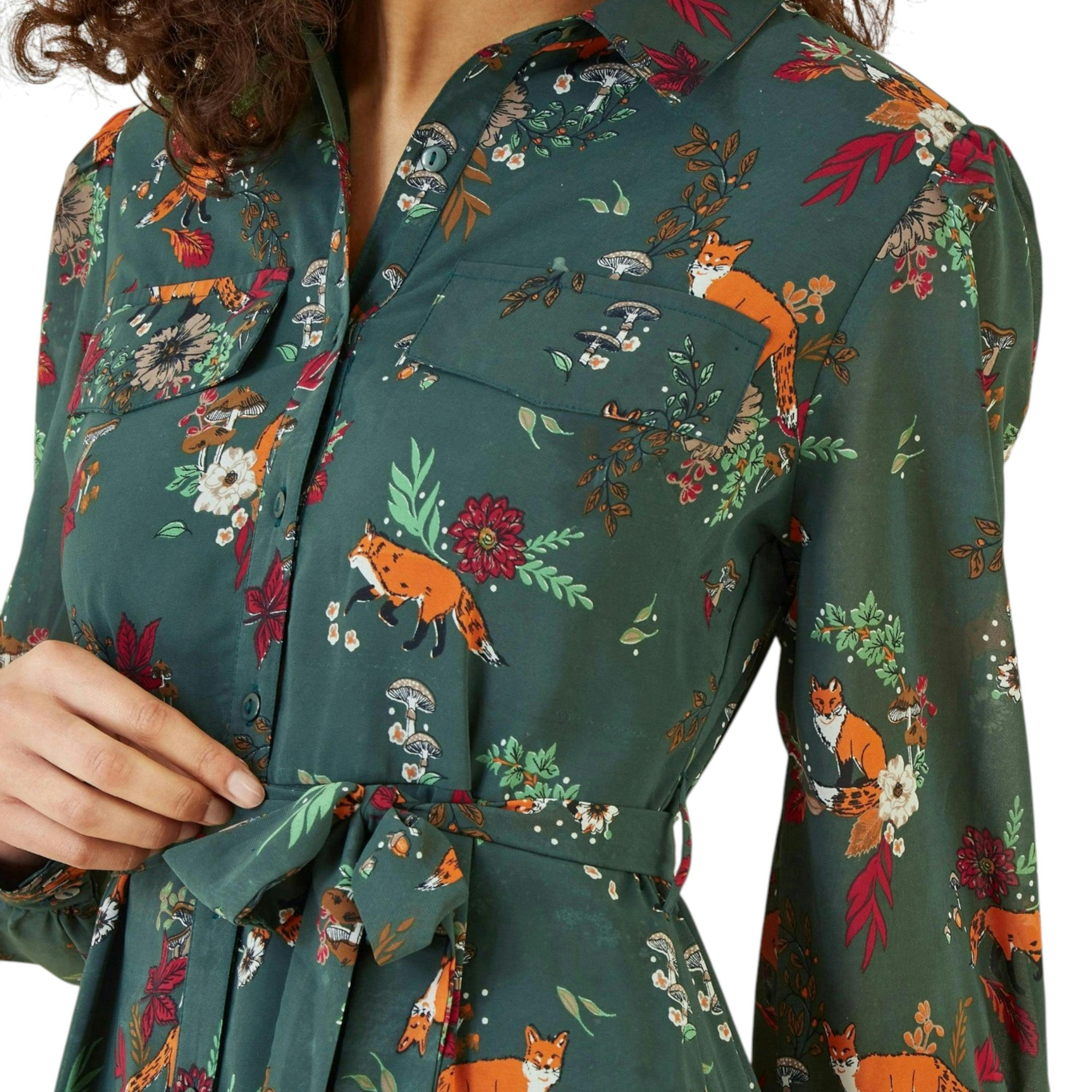 Yumi Recycled Green Fox Print Shirt Midi Dress , view 2 of 5
