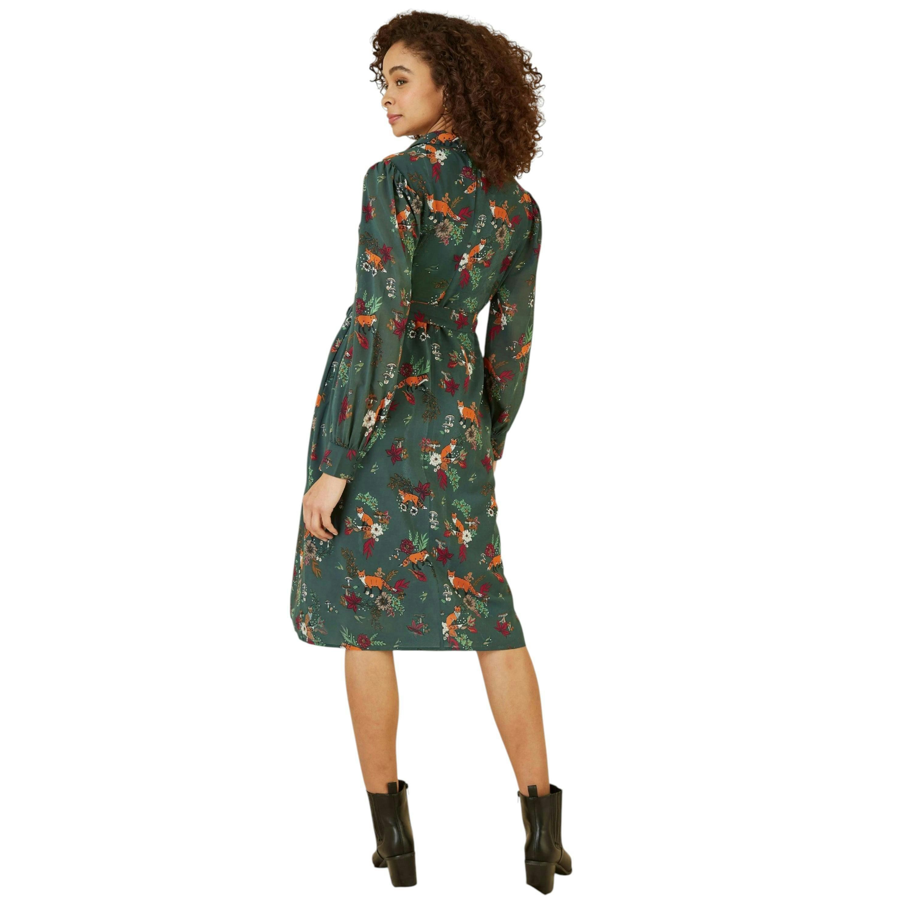 Yumi Recycled Green Fox Print Shirt Midi Dress , view 3 of 5