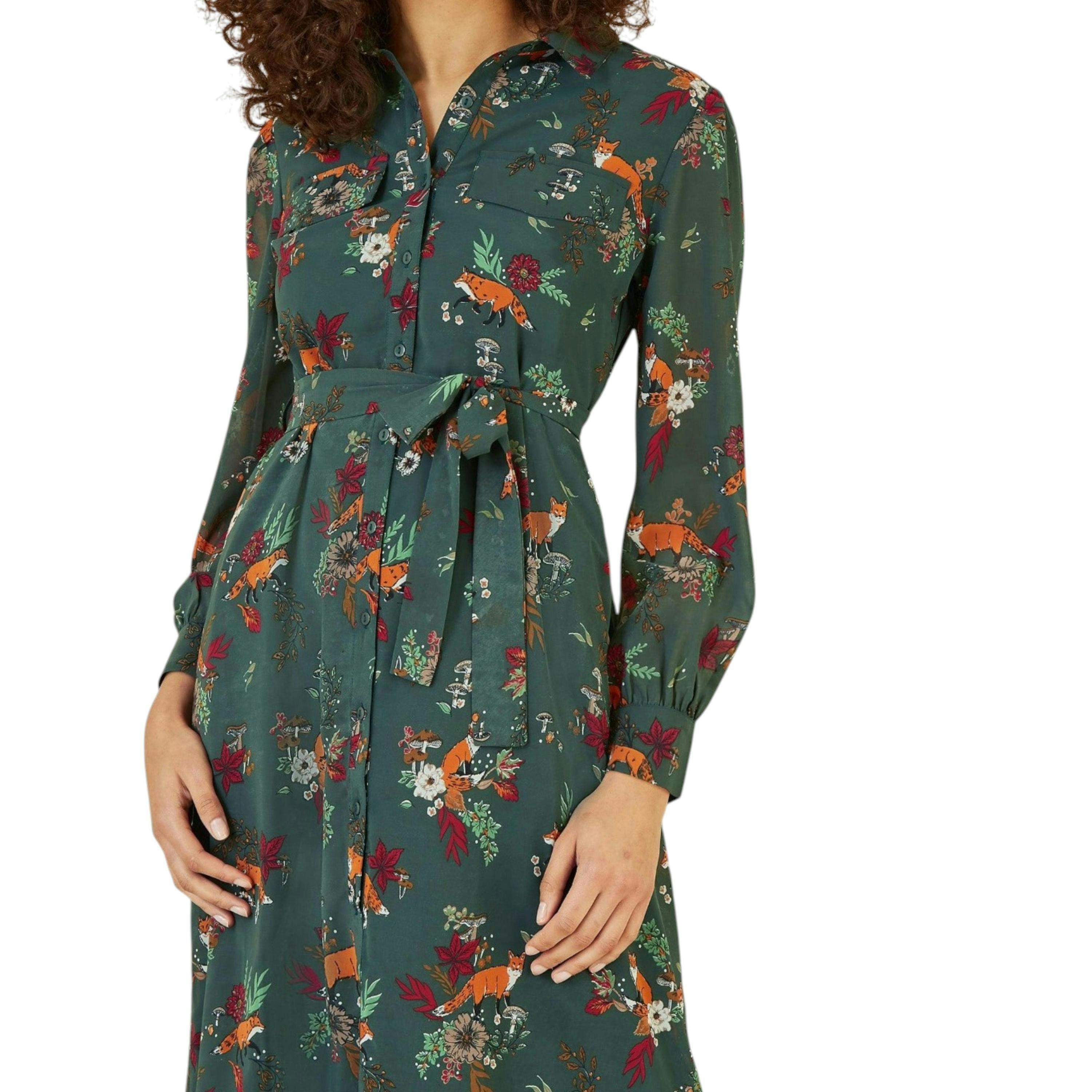 Yumi Recycled Green Fox Print Shirt Midi Dress , view 4 of 5