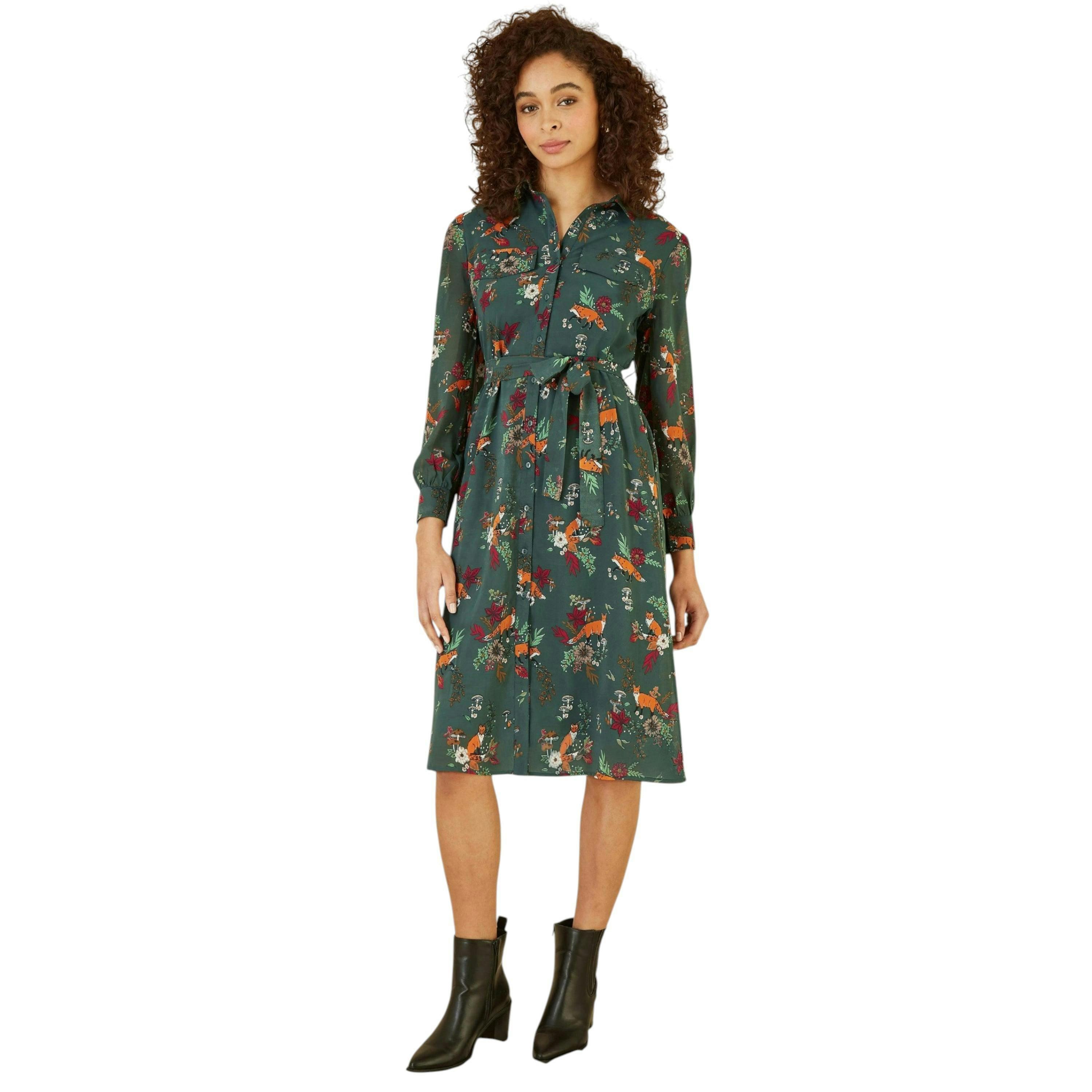 Yumi Recycled Green Fox Print Shirt Midi Dress , view 5 of 5