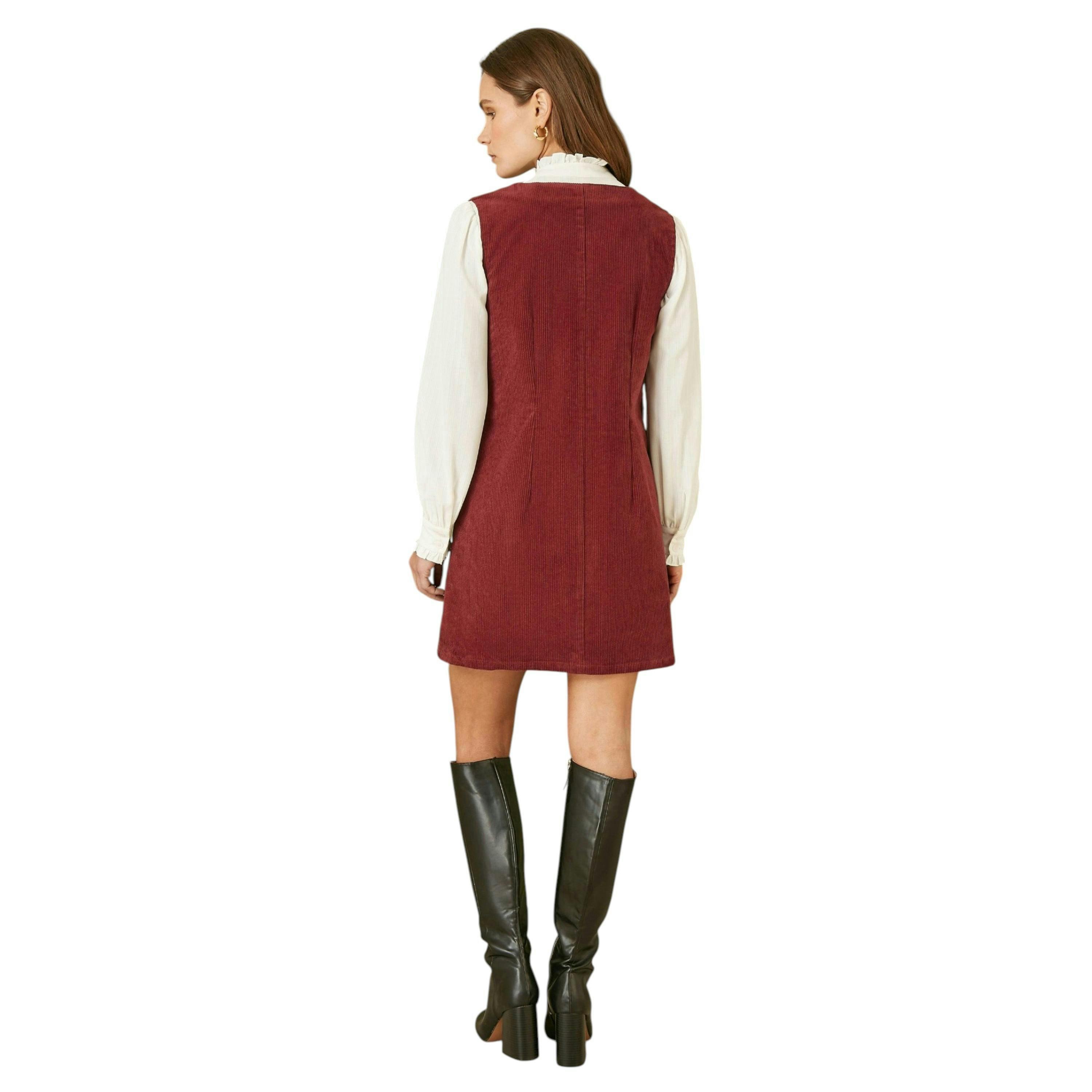 Yumi Burgundy Cord Button Through Pinafore Dress With Pockets , view 2 of 2
