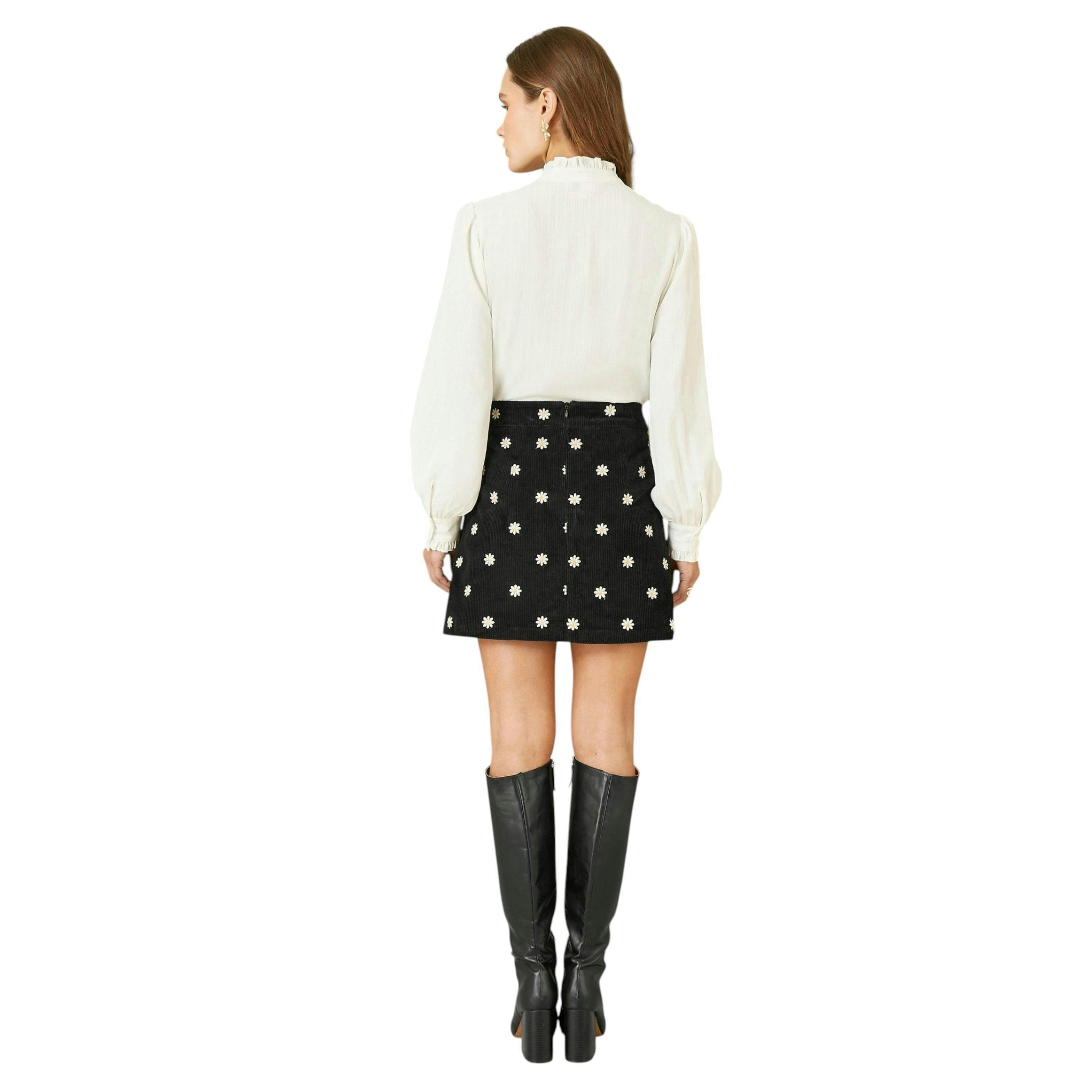 Yumi Black Corduroy Embroidered Daisy Mini Skirt , view 3 of 4
