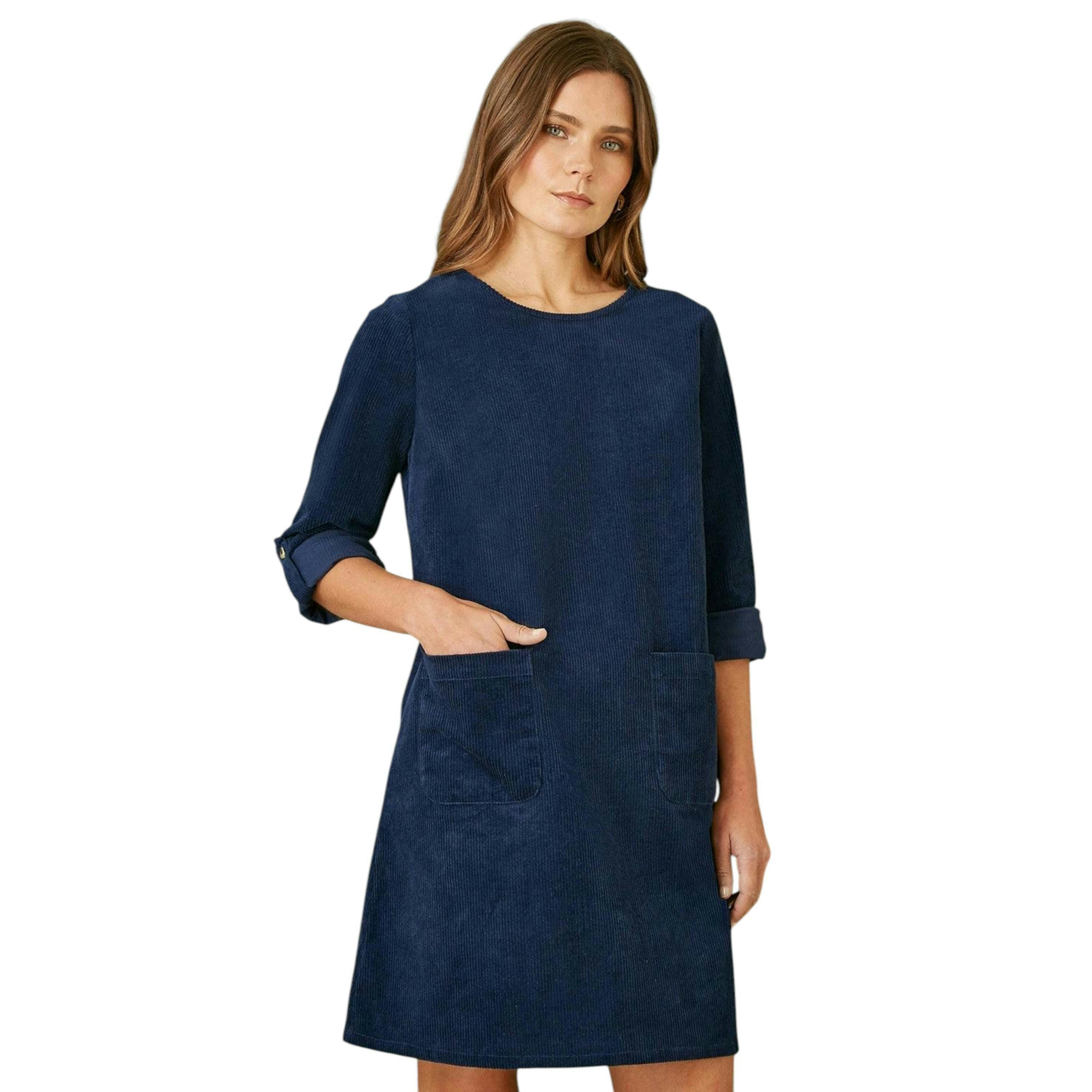Yumi Navy Cord Tunic Dress With 3/4 Sleeves And Pockets , view 2 of 5