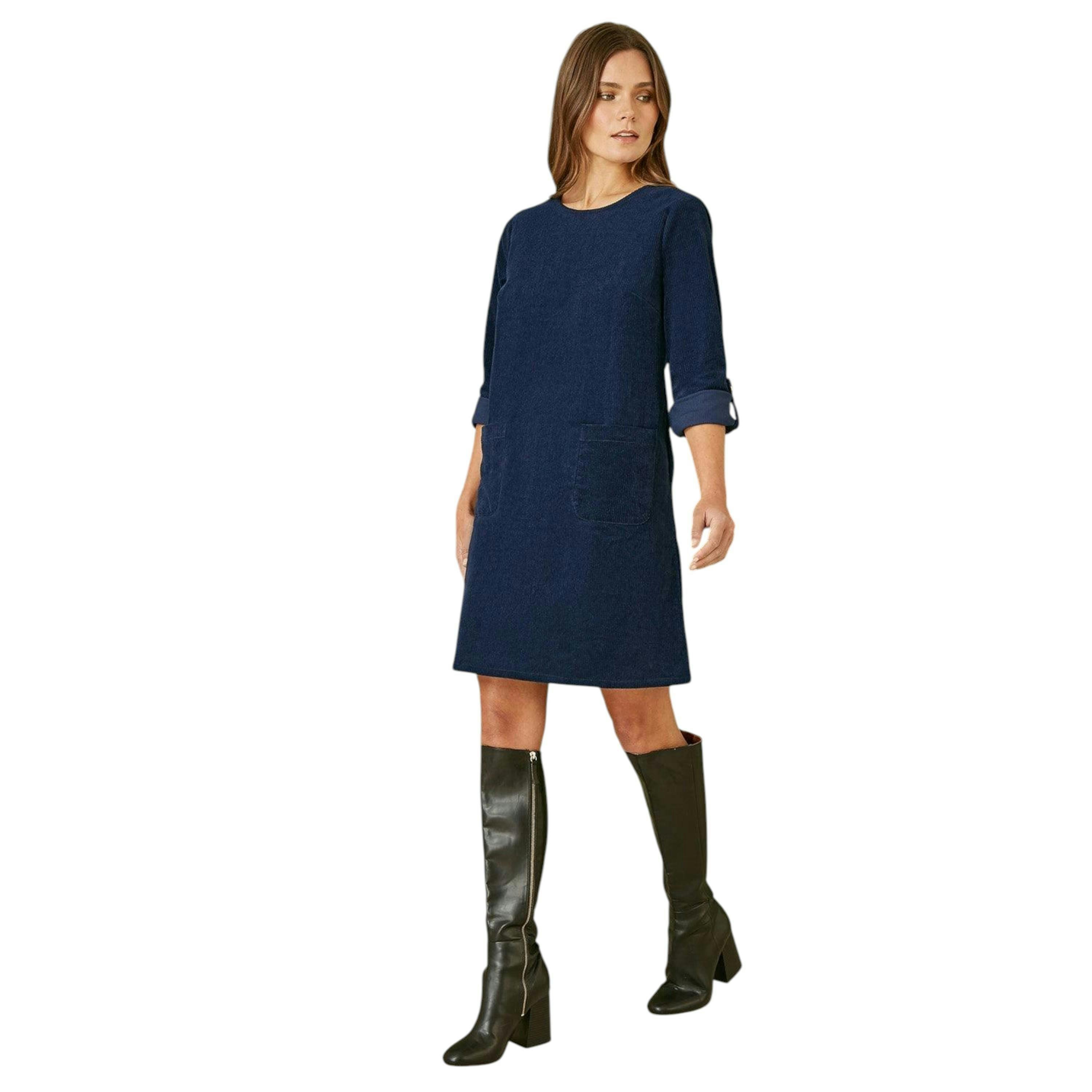 Yumi Navy Cord Tunic Dress With 3/4 Sleeves And Pockets , view 3 of 5