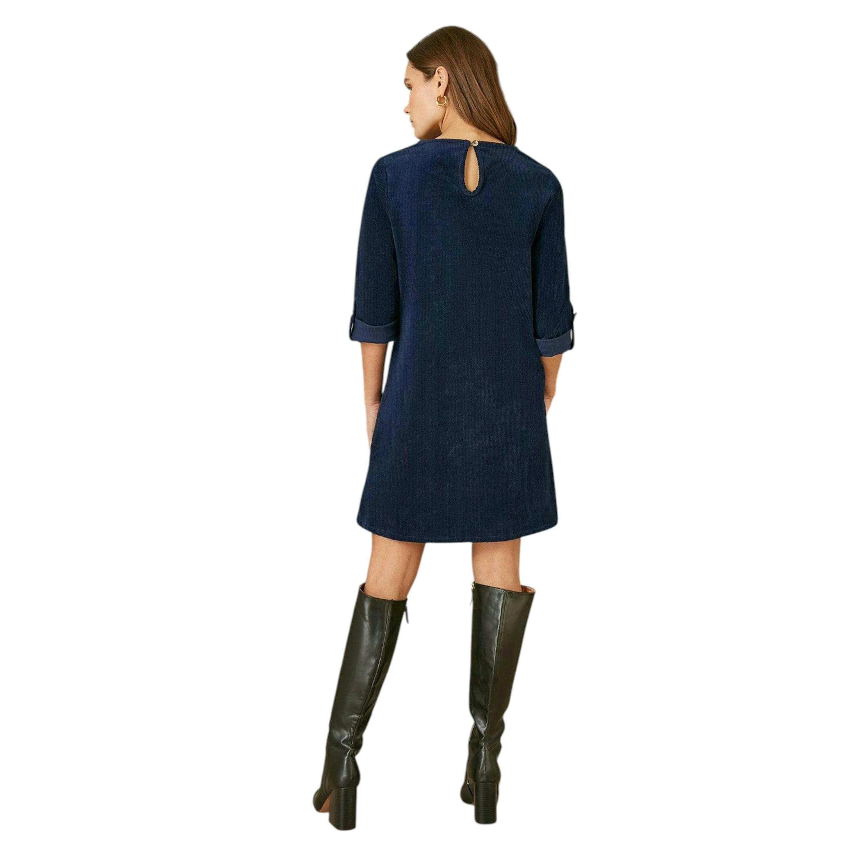 Yumi Navy Cord Tunic Dress With 3/4 Sleeves And Pockets , view 5 of 5