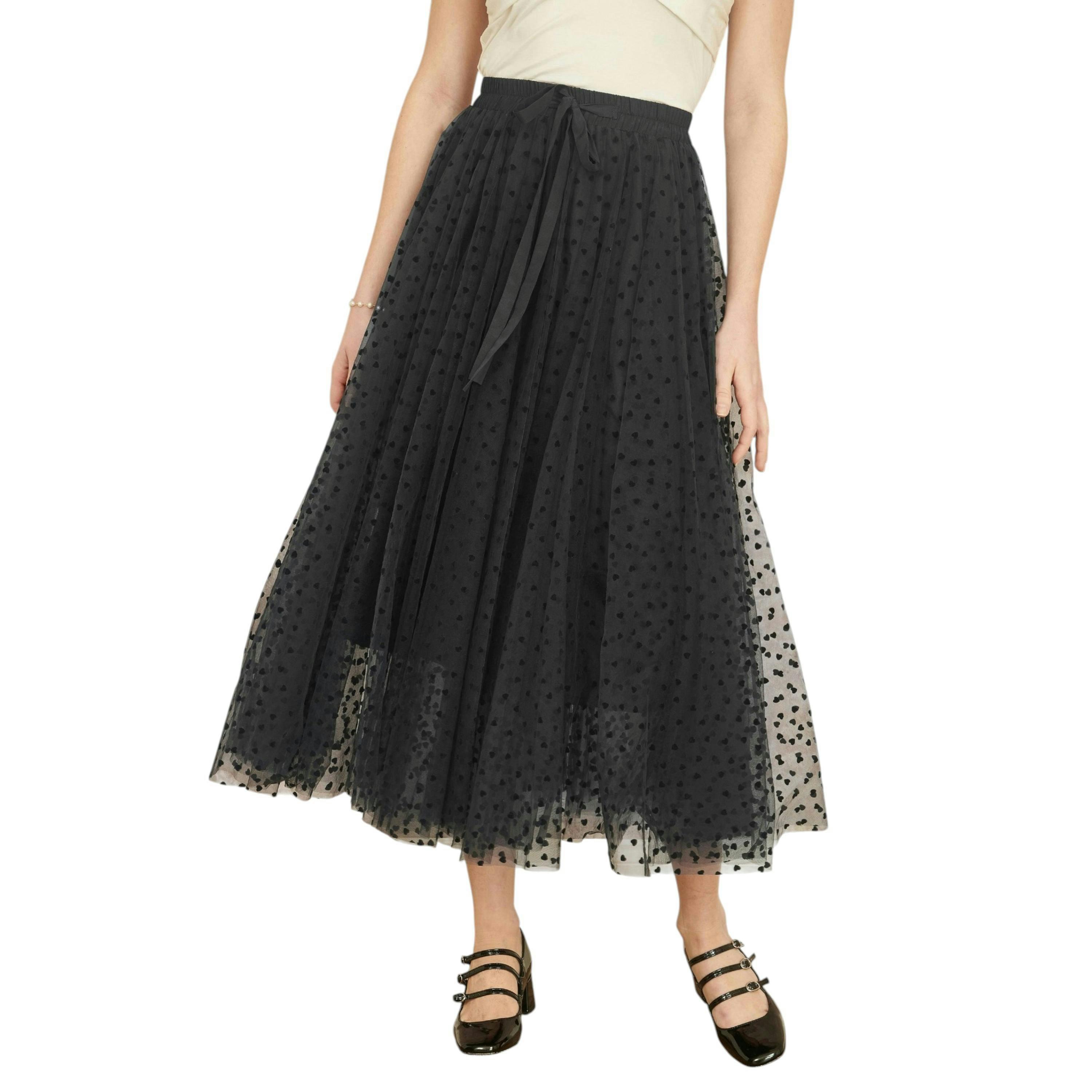 Yumi Black Mesh Heart Print Tulle Skirt , view 2 of 4